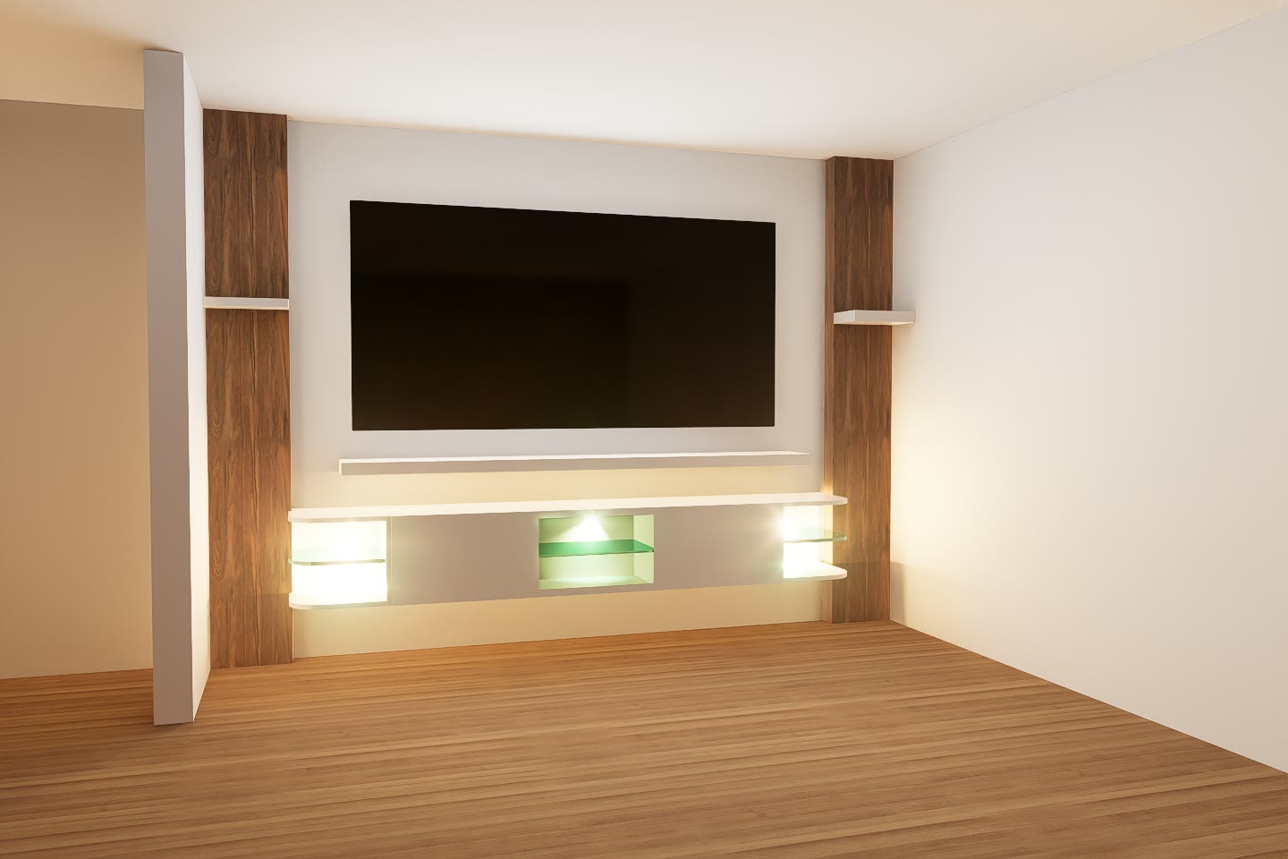 The media wall at night, the recessed lights washing the glass shelves and the open bays either side of the television