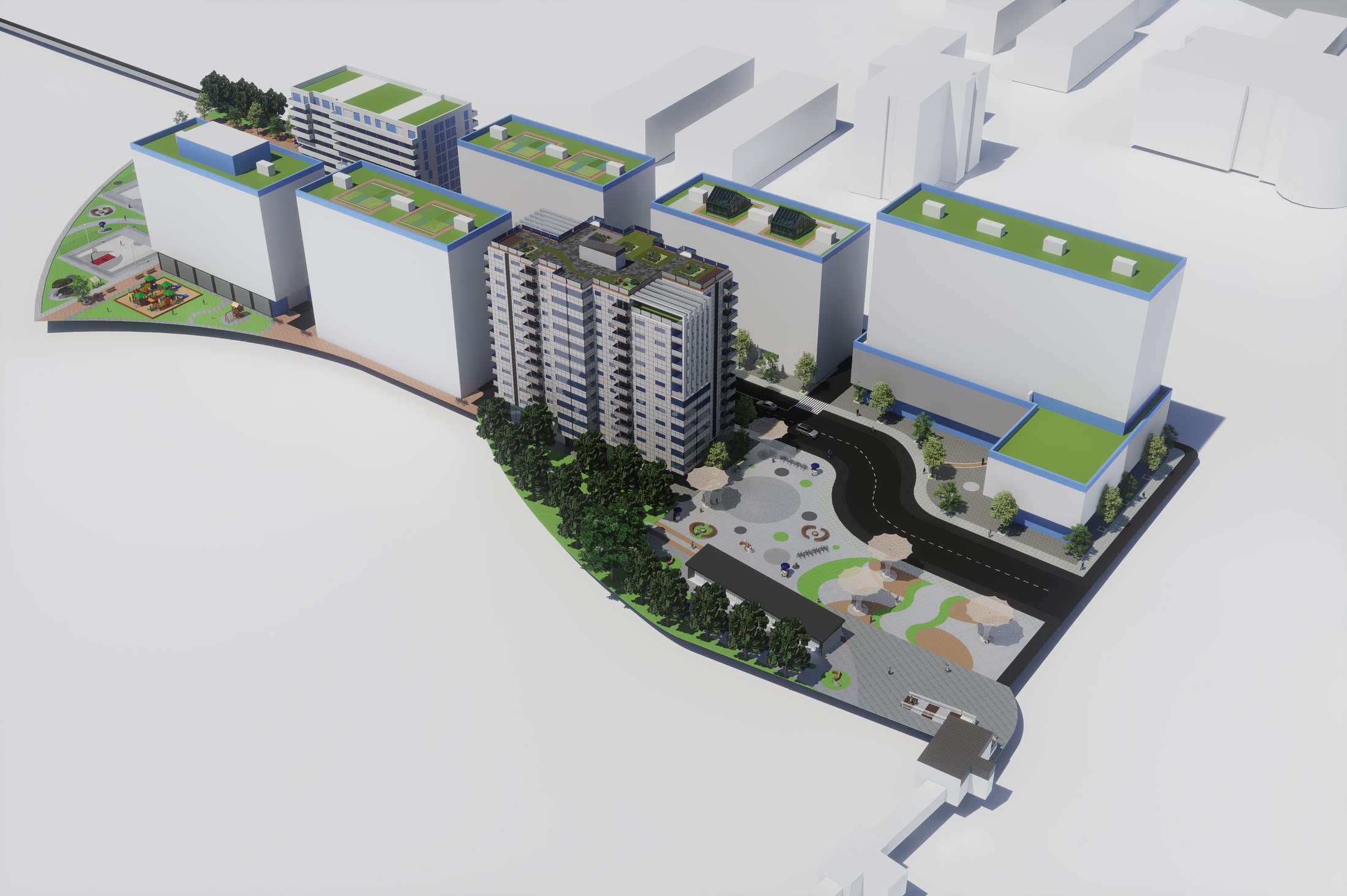 Aerial of the whole quarter showing the run of mid-rise blocks with green roofs, the tower and the landscaped courtyards between them