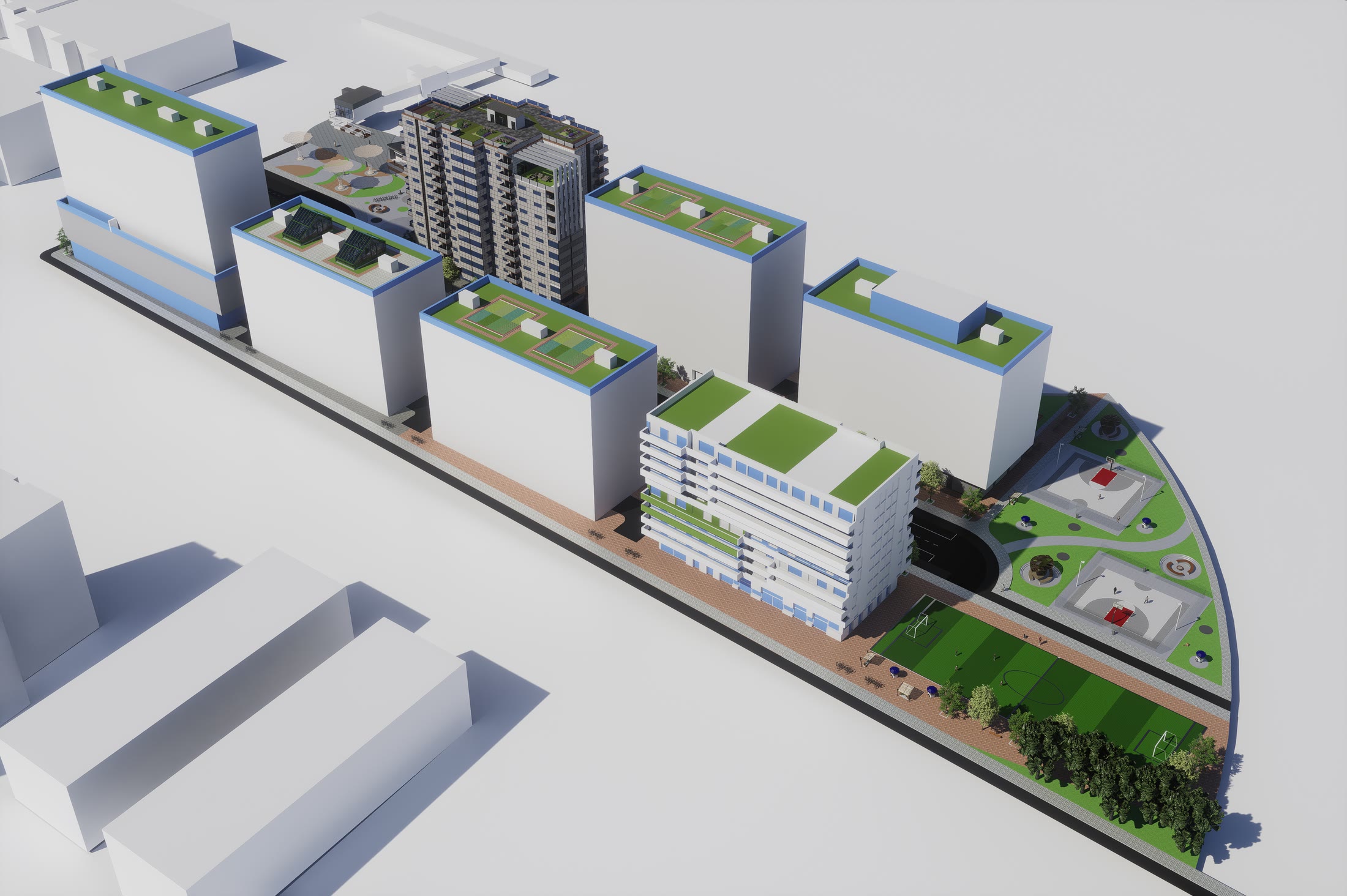 Aerial from the opposite end with the courtyards, the playground and the planted roof terraces visible across the blocks