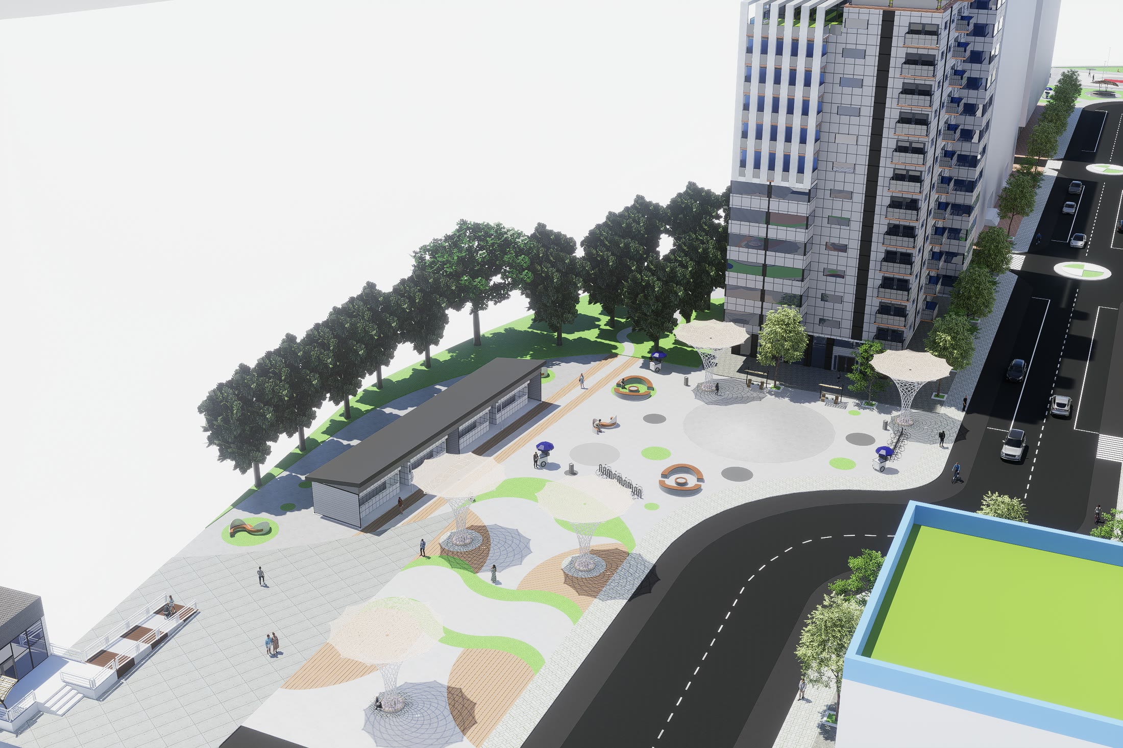 Aerial render over the public square with the branching white canopies, the sports courts, the tower behind and Verdant Way running through