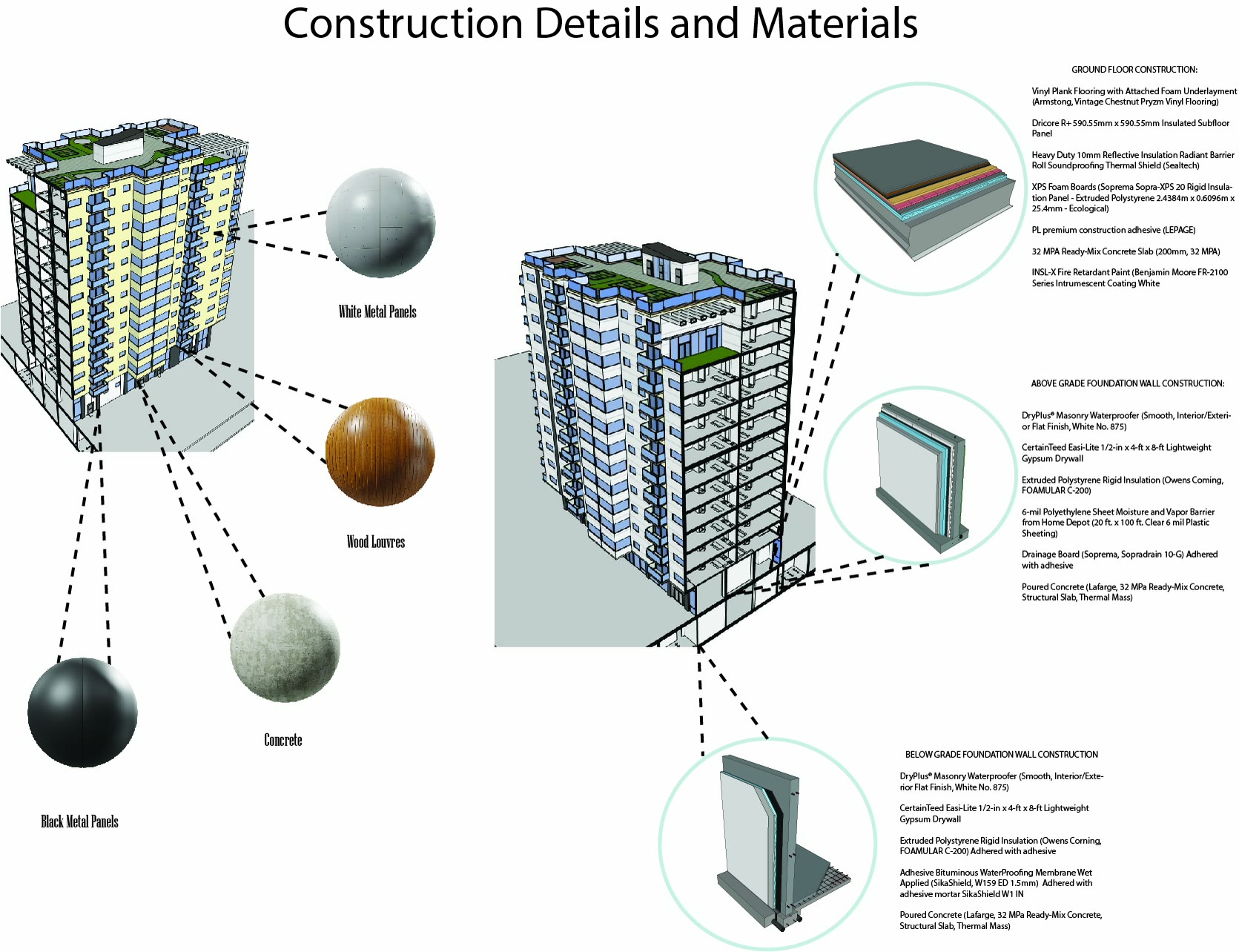 Construction details and materials for Building A, the wall assemblies called out from the massing with the metal panel, brick veneer and concrete specified