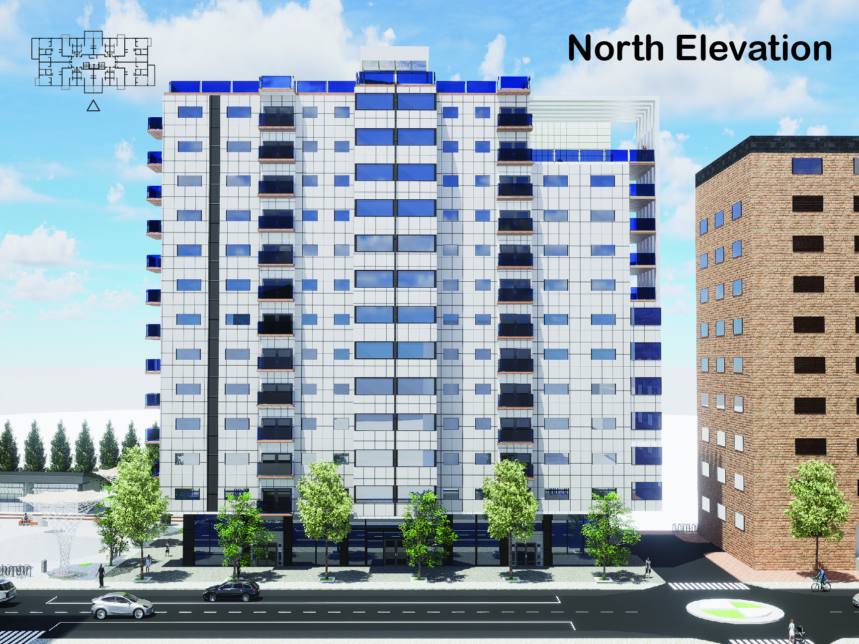 North elevation of Building A titled and keyed, the panel and glazing rhythm running the full height with the neighbouring brick block alongside