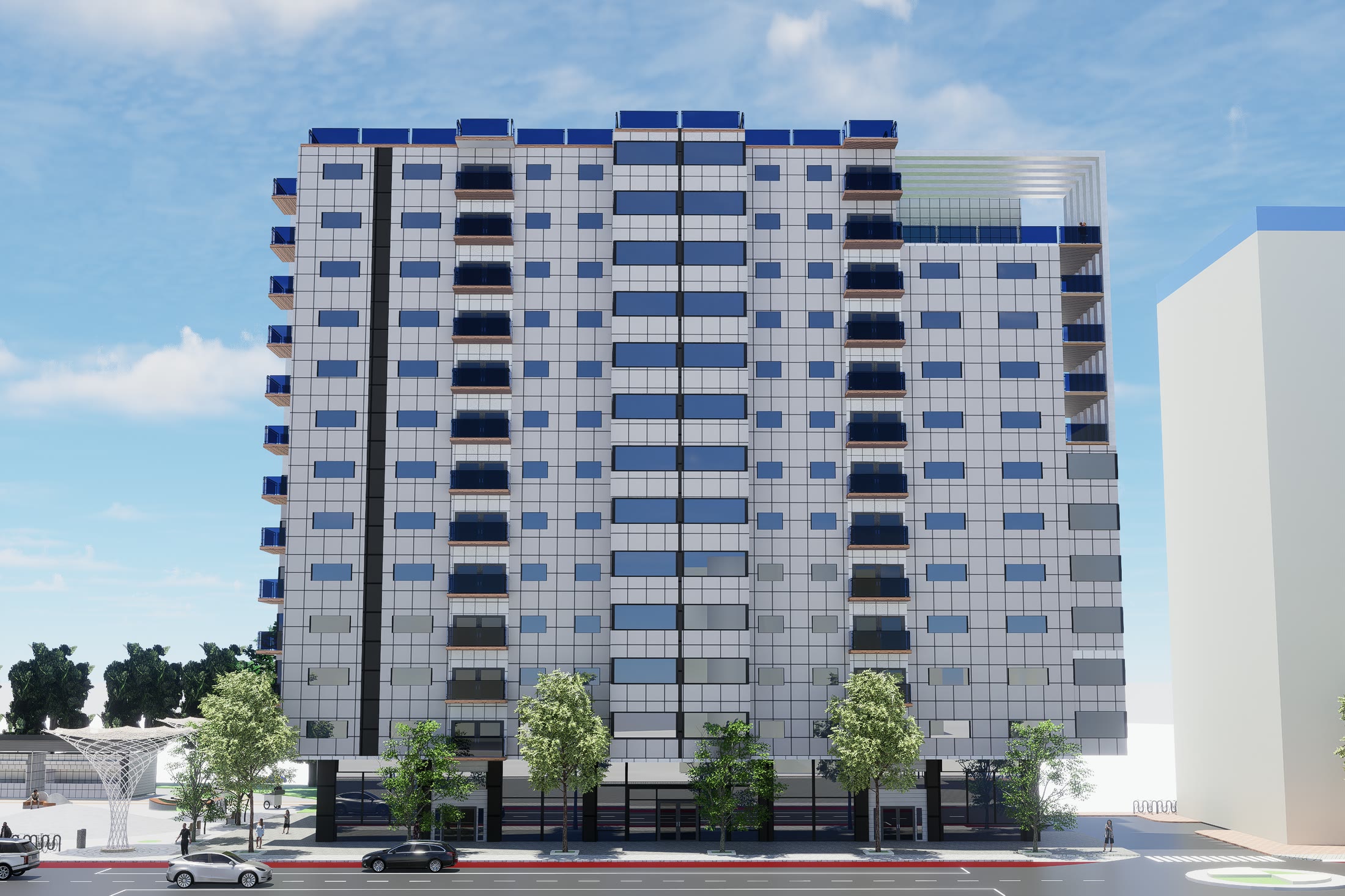 North elevation render of Building A, the panel and glazing rhythm running the full height