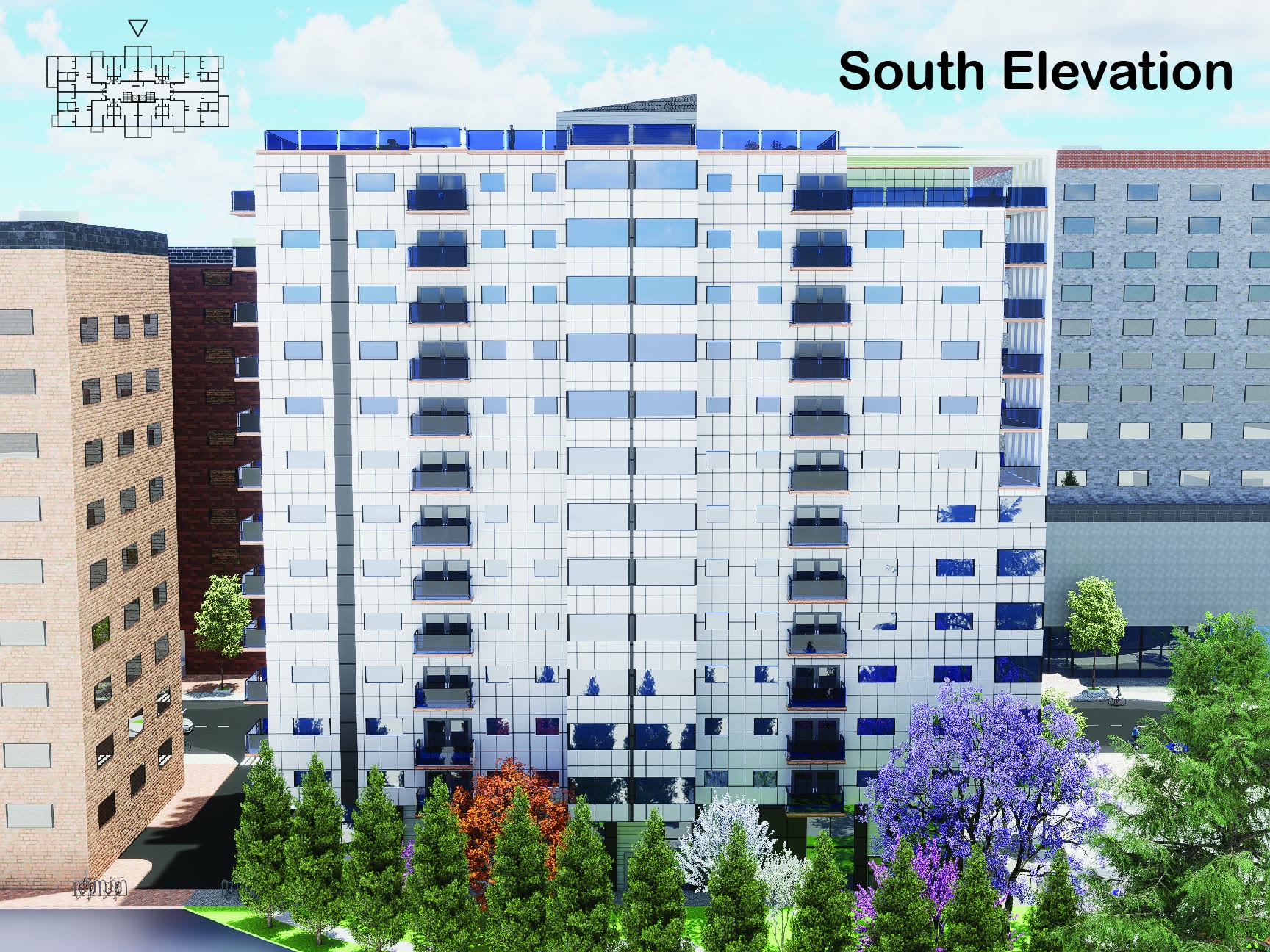 South elevation of Building A titled and keyed, the brick neighbour to the left and planting along the base