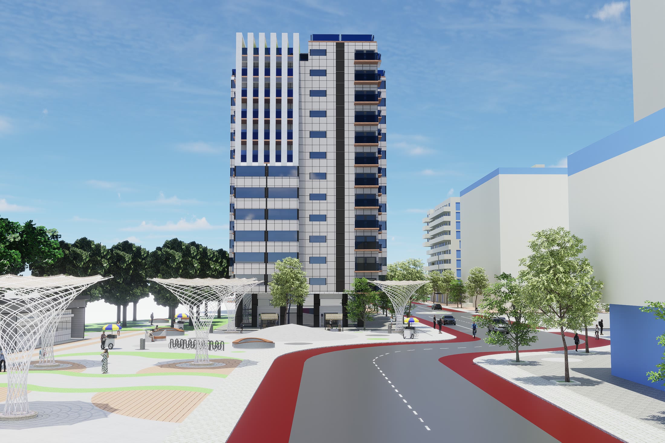 West elevation render of Building A with the canopies and the square in front of it
