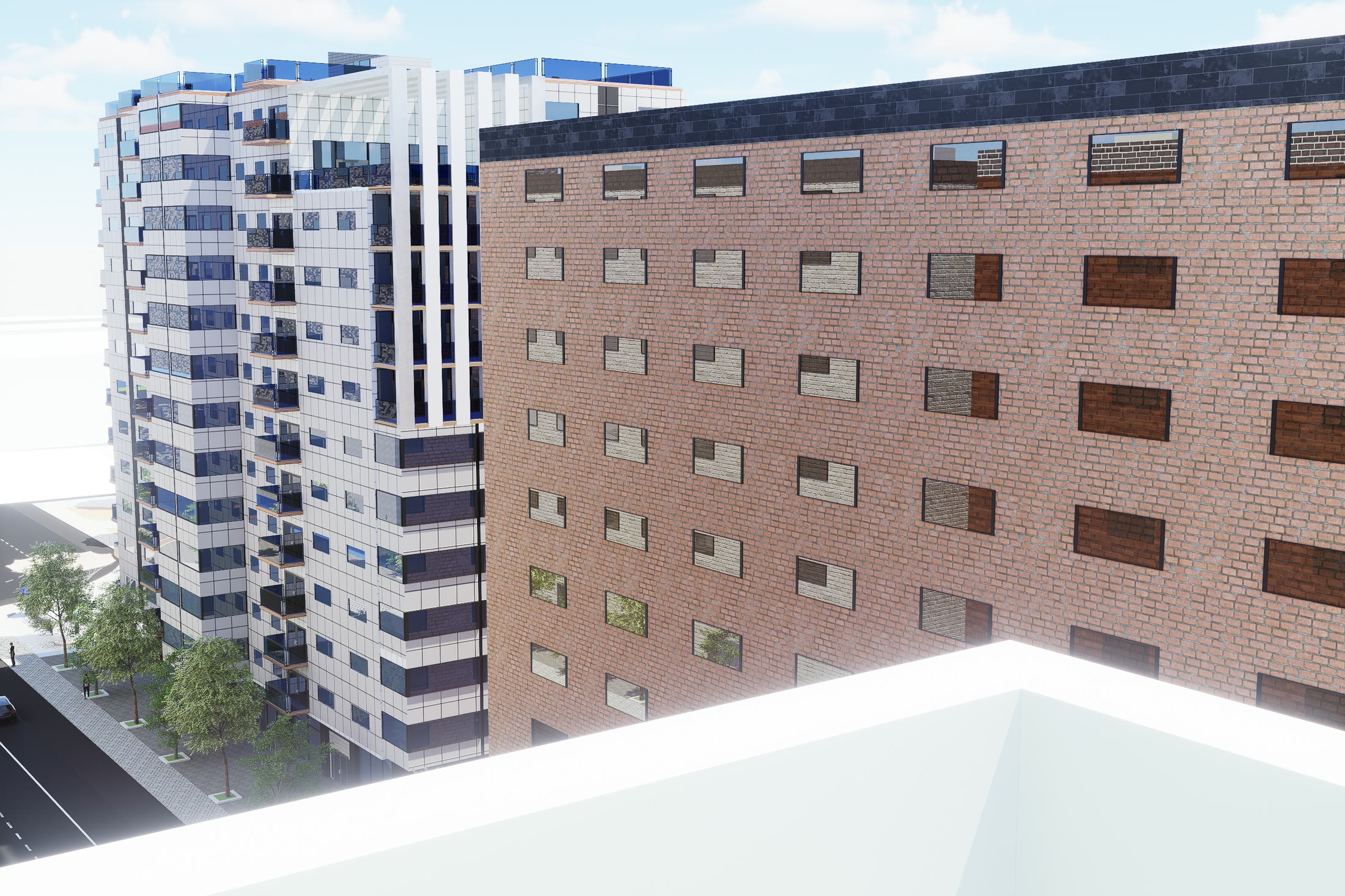 Corner view with the brick base of the block in the foreground and the glazed tower rising beyond it