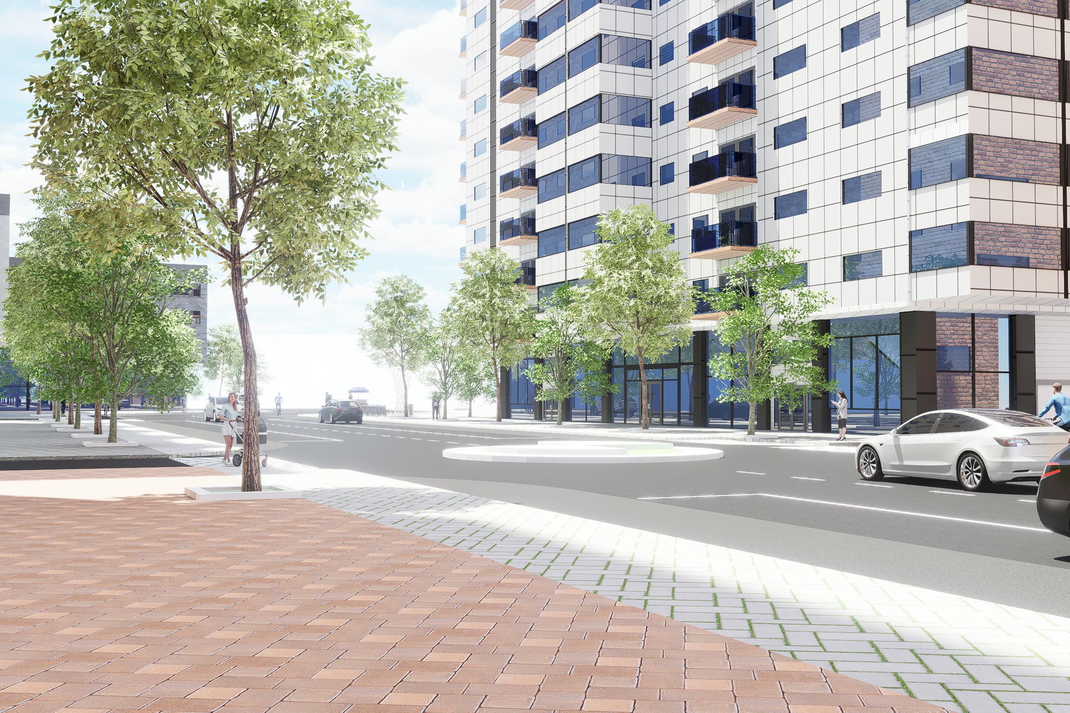 Street level view along the pavement with street trees, the tower ahead and the mid-rise blocks to the right