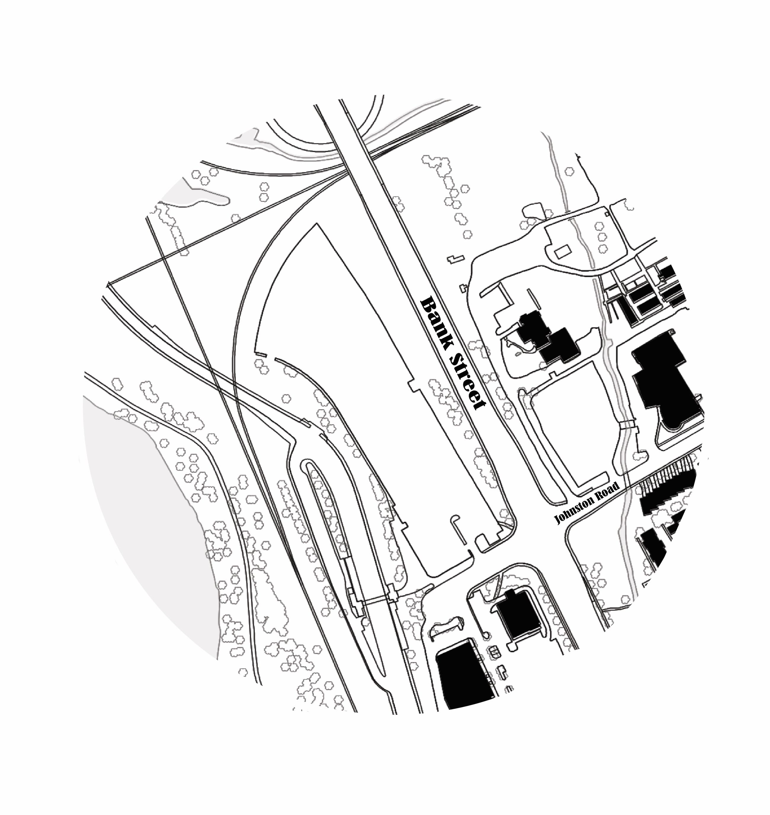 Figure ground drawing of Bank Street as existing, the built form in black against the open ground