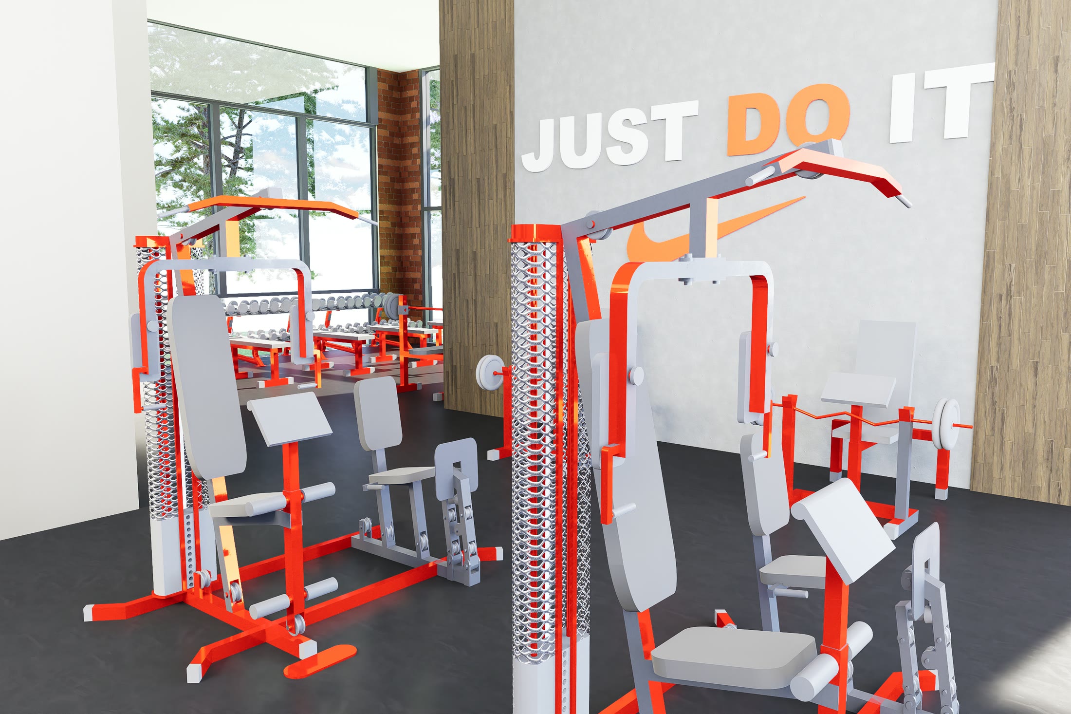 The public gym with resistance machines and graphics on the exposed brick wall