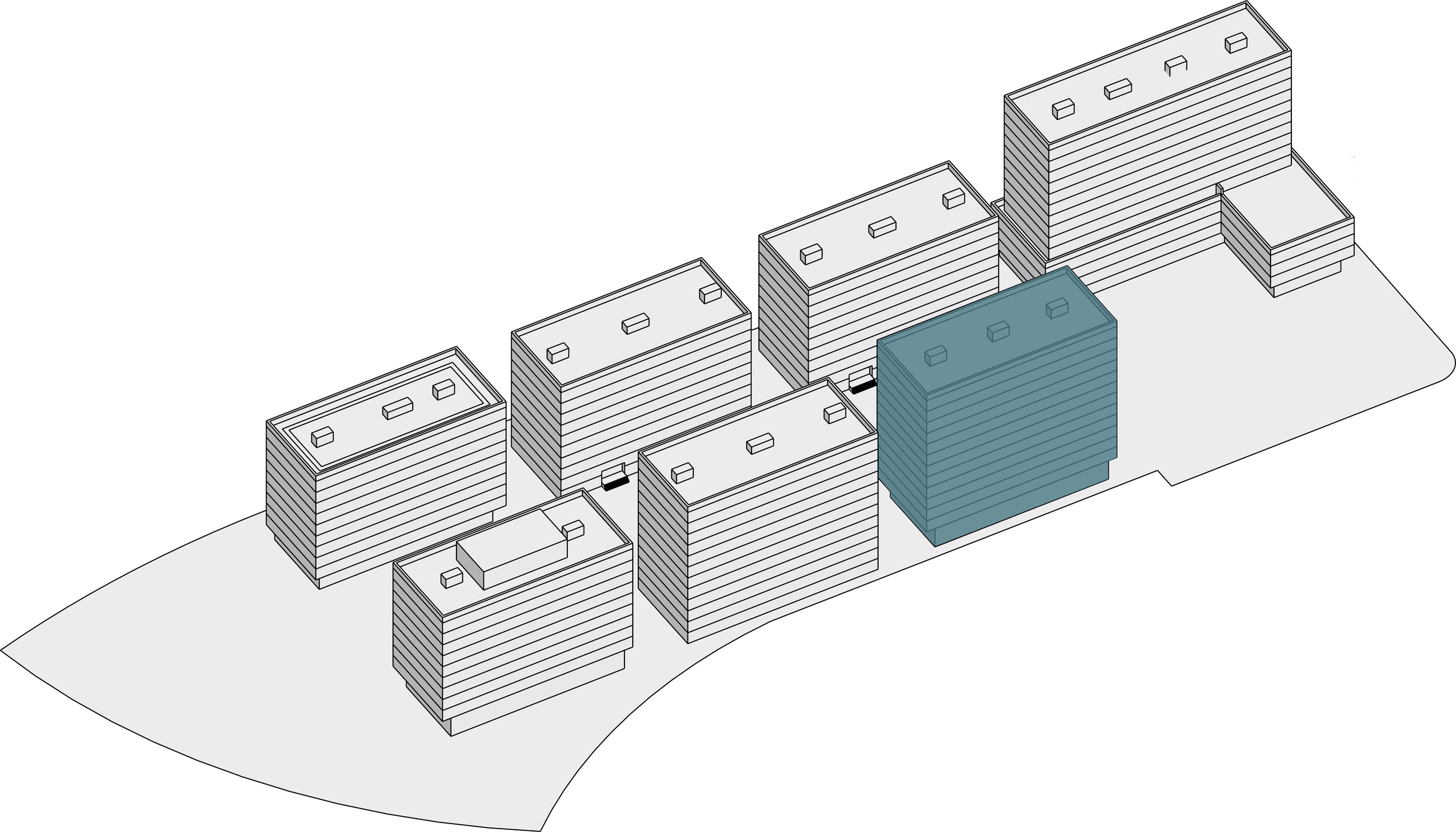 Massing axonometric of the quarter with Building A picked out in colour among the neighbouring blocks