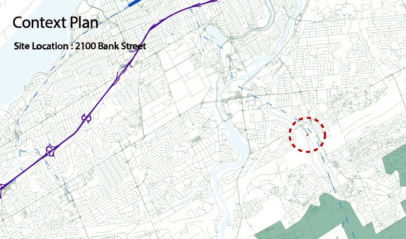 Context plan locating the site at 2100 Bank Street within the wider transit and road network of Ottawa