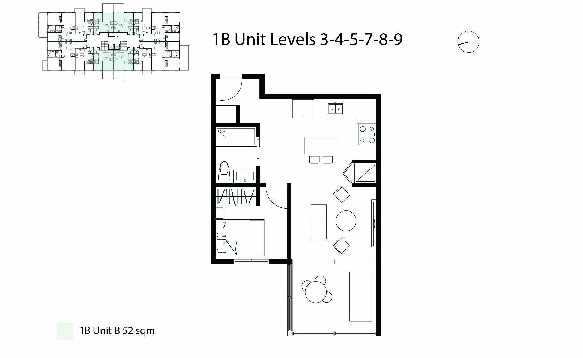 One-bedroom unit plan drawn at large scale with the furniture layout tested in it