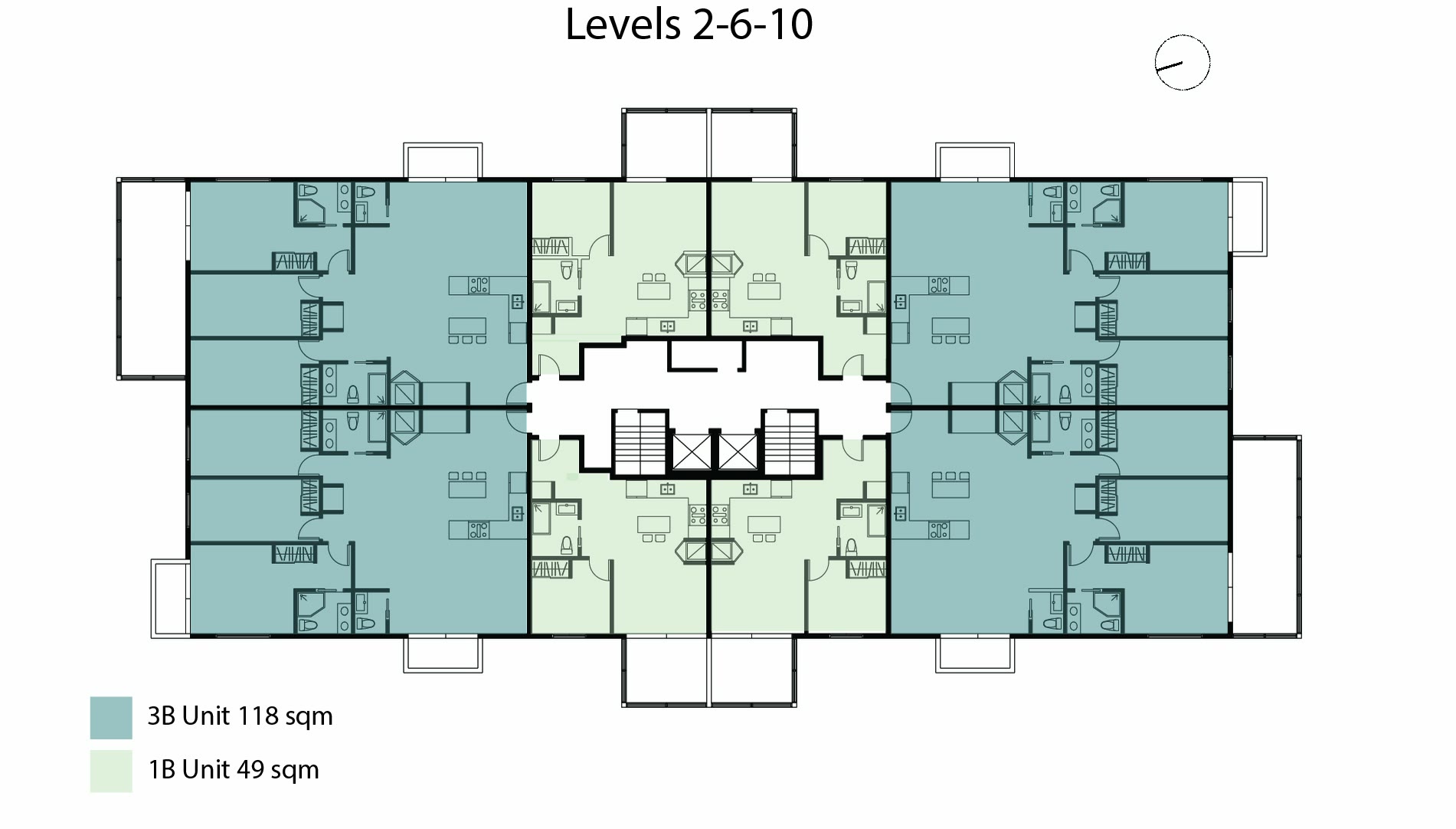 Typical residential plate used at levels 2, 6 and 10, with the unit mix around the core