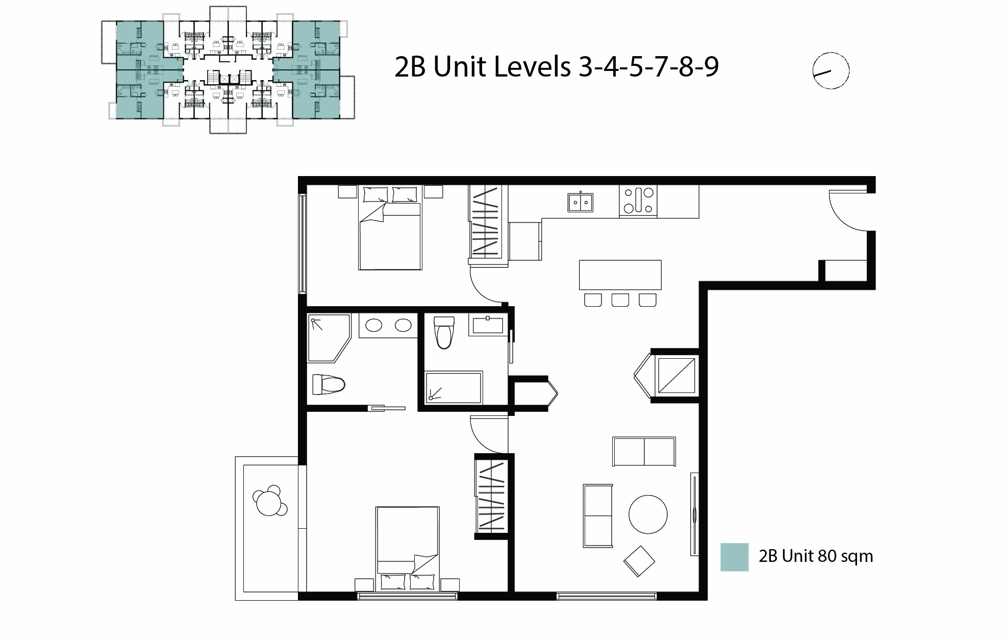 Two-bedroom unit plan drawn at large scale with the furniture layout tested in it