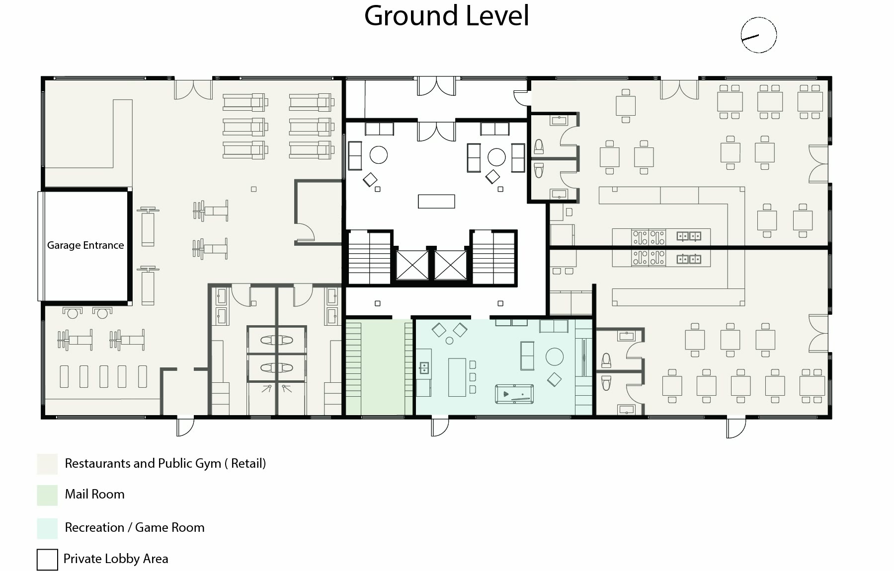 Commercial ground floor plan with the restaurants, the public gym, retail, the residential lobby, mail room and recreation room