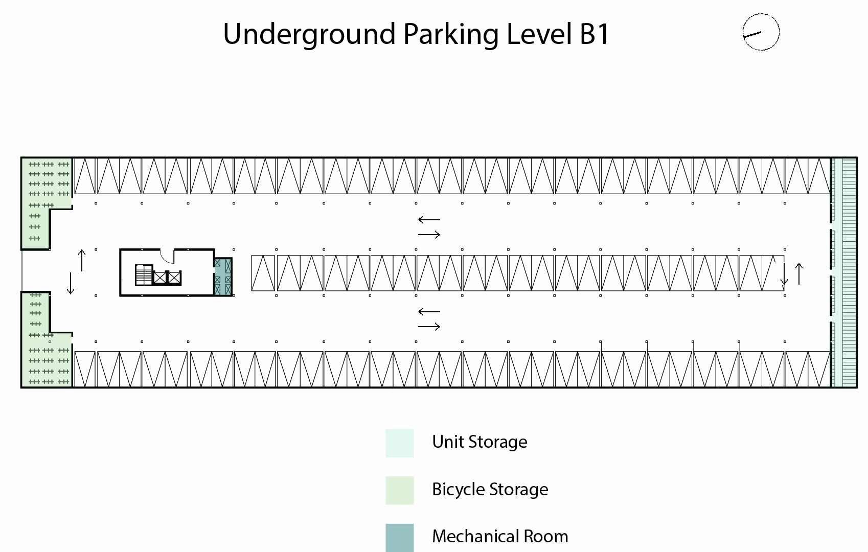 Underground parking level plan with the bays, the cores and the services