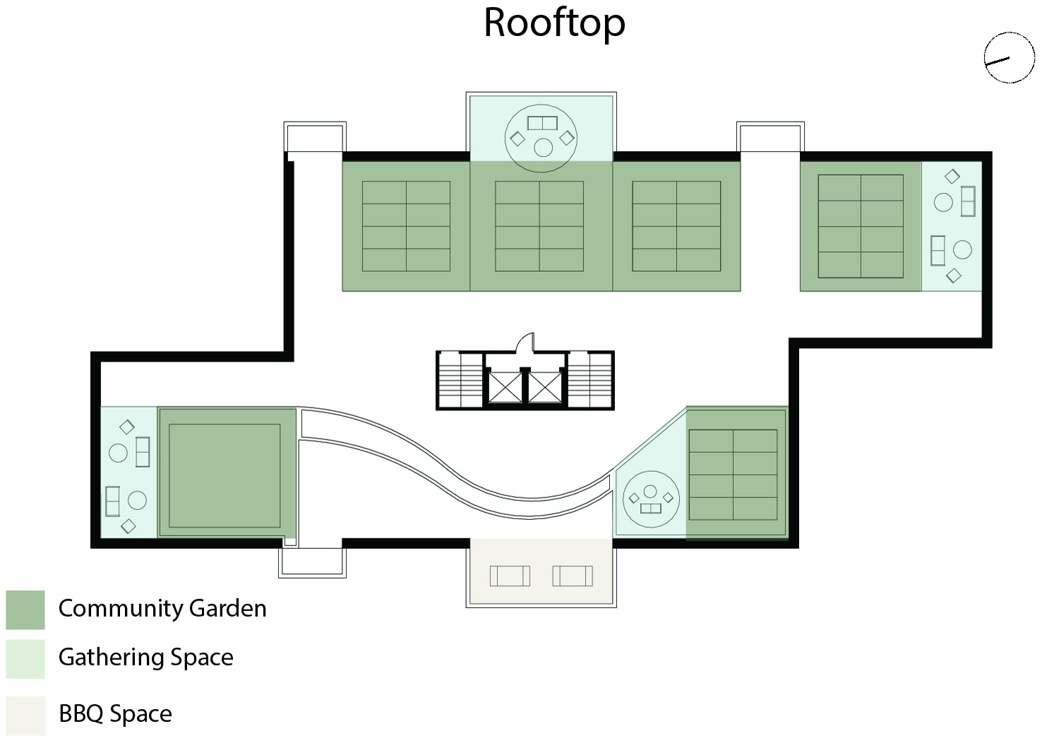 Rooftop plan showing the community garden, the gathering space and the barbeque area