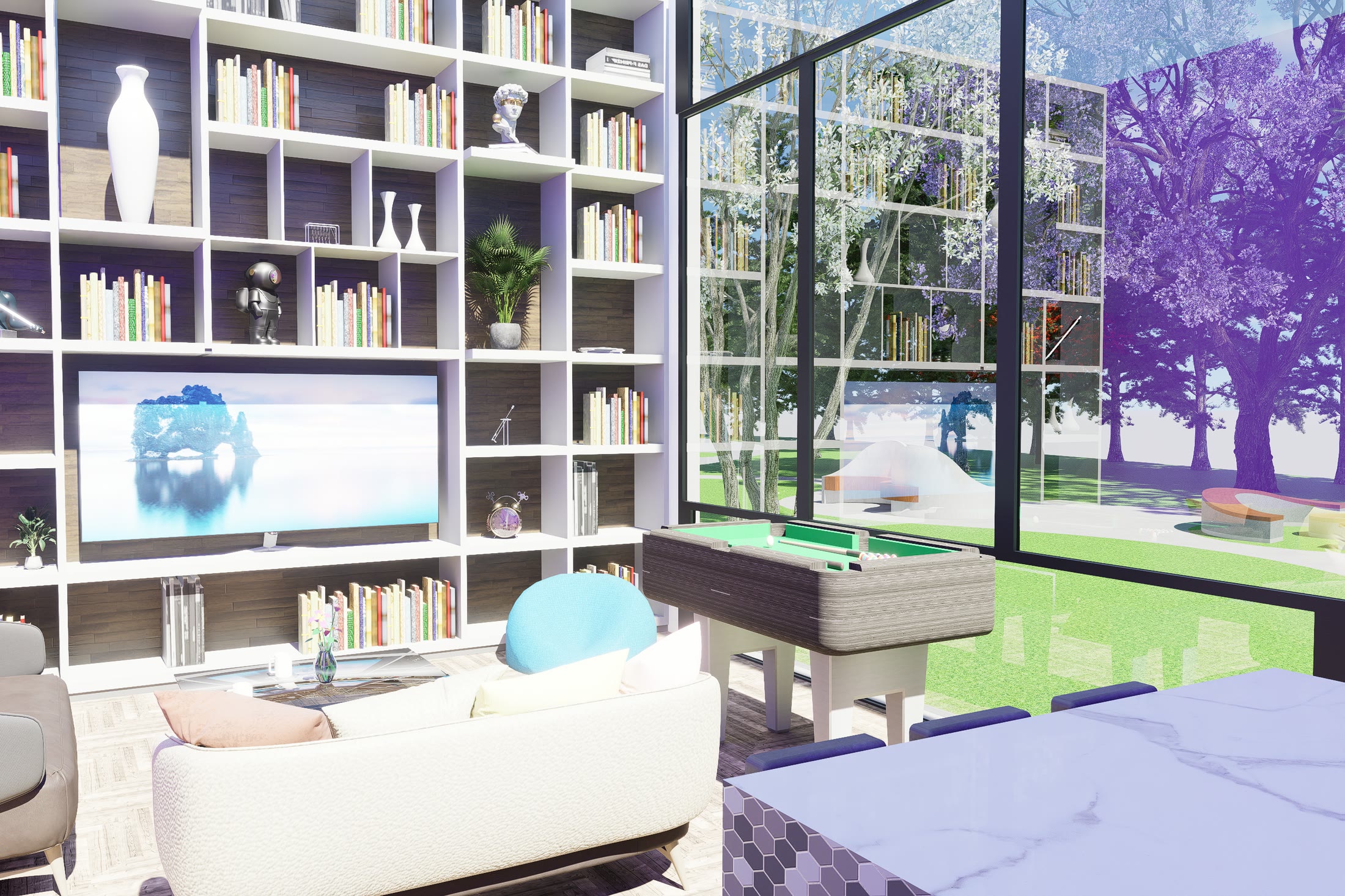 The recreation room with a full height shelved wall, a pool table and glazing onto the planted courtyard