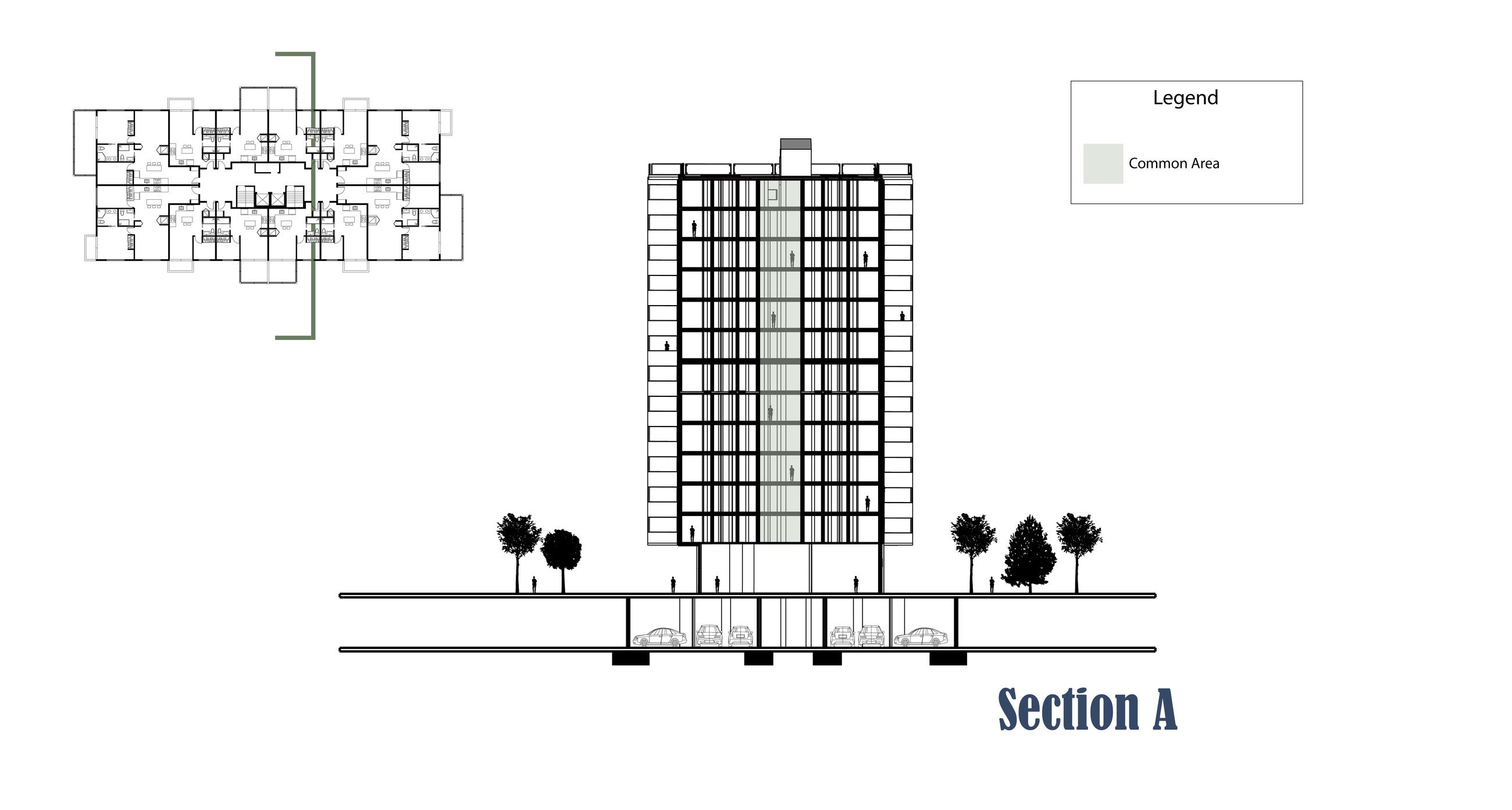 Section A through Building A with the plan key beside it, cut from the parking level to the roof garden