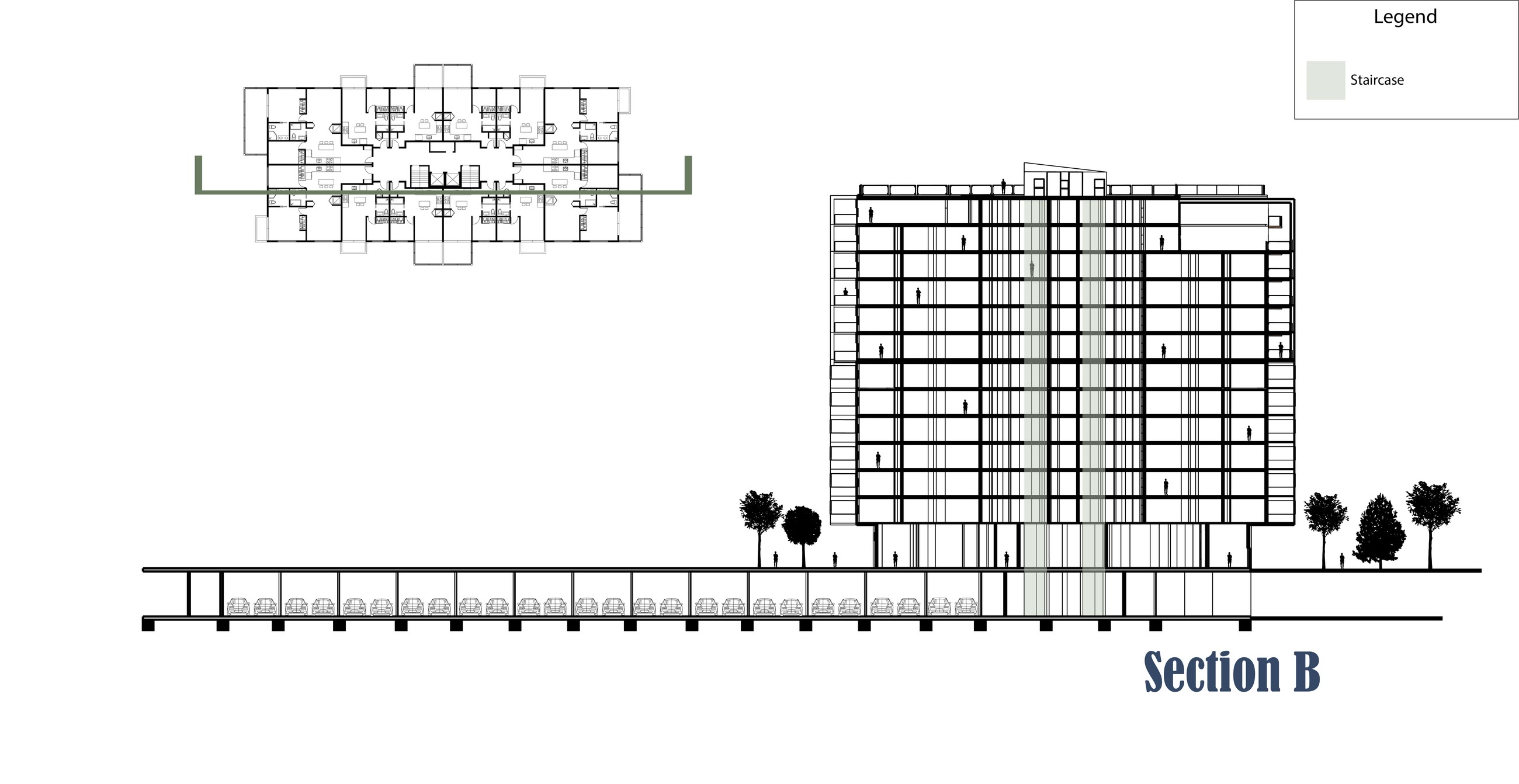 Section B through Building A on the other axis, with the plan key beside it