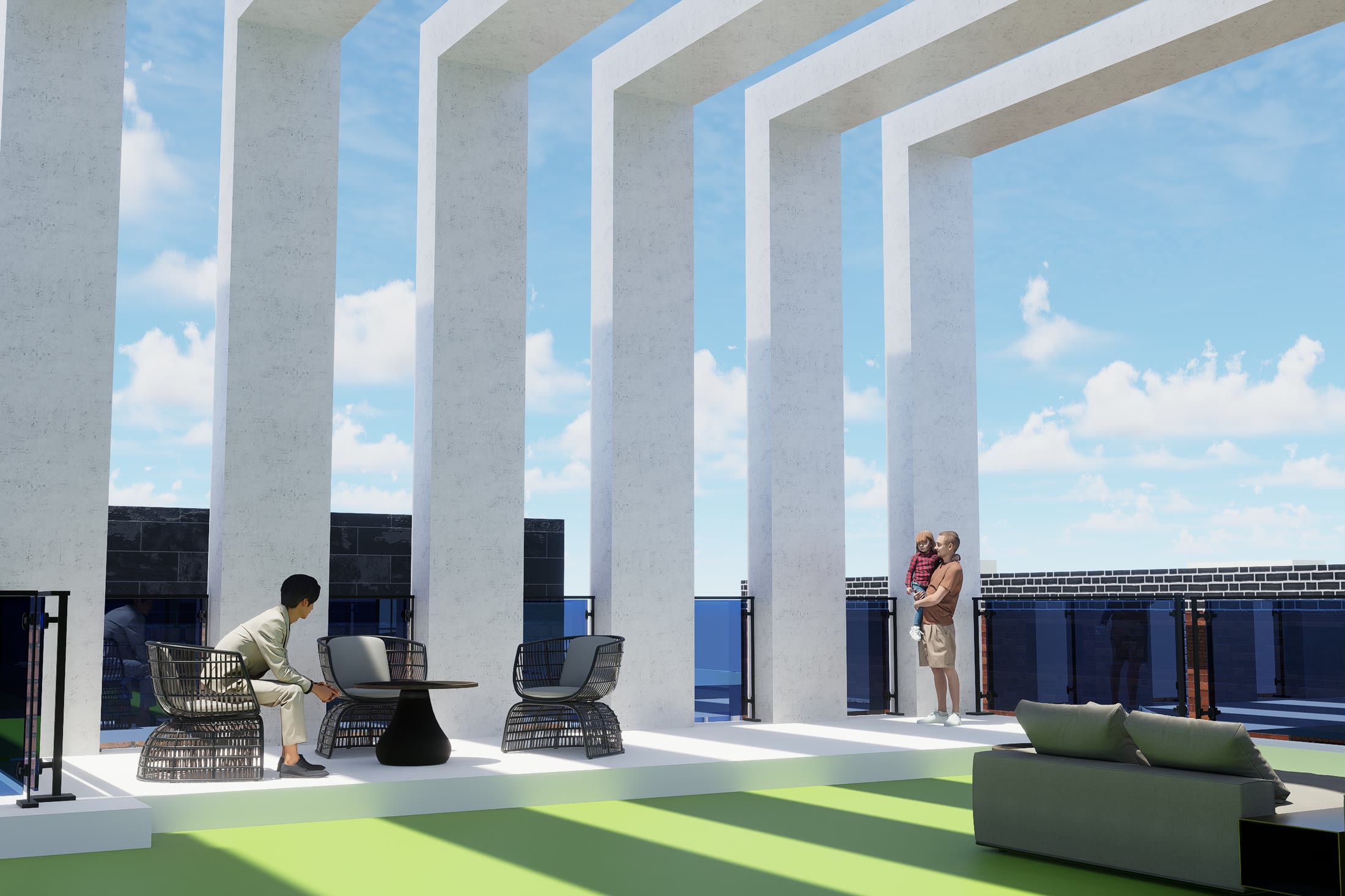 A residential terrace under a deep colonnade, seating along the edge and the city beyond