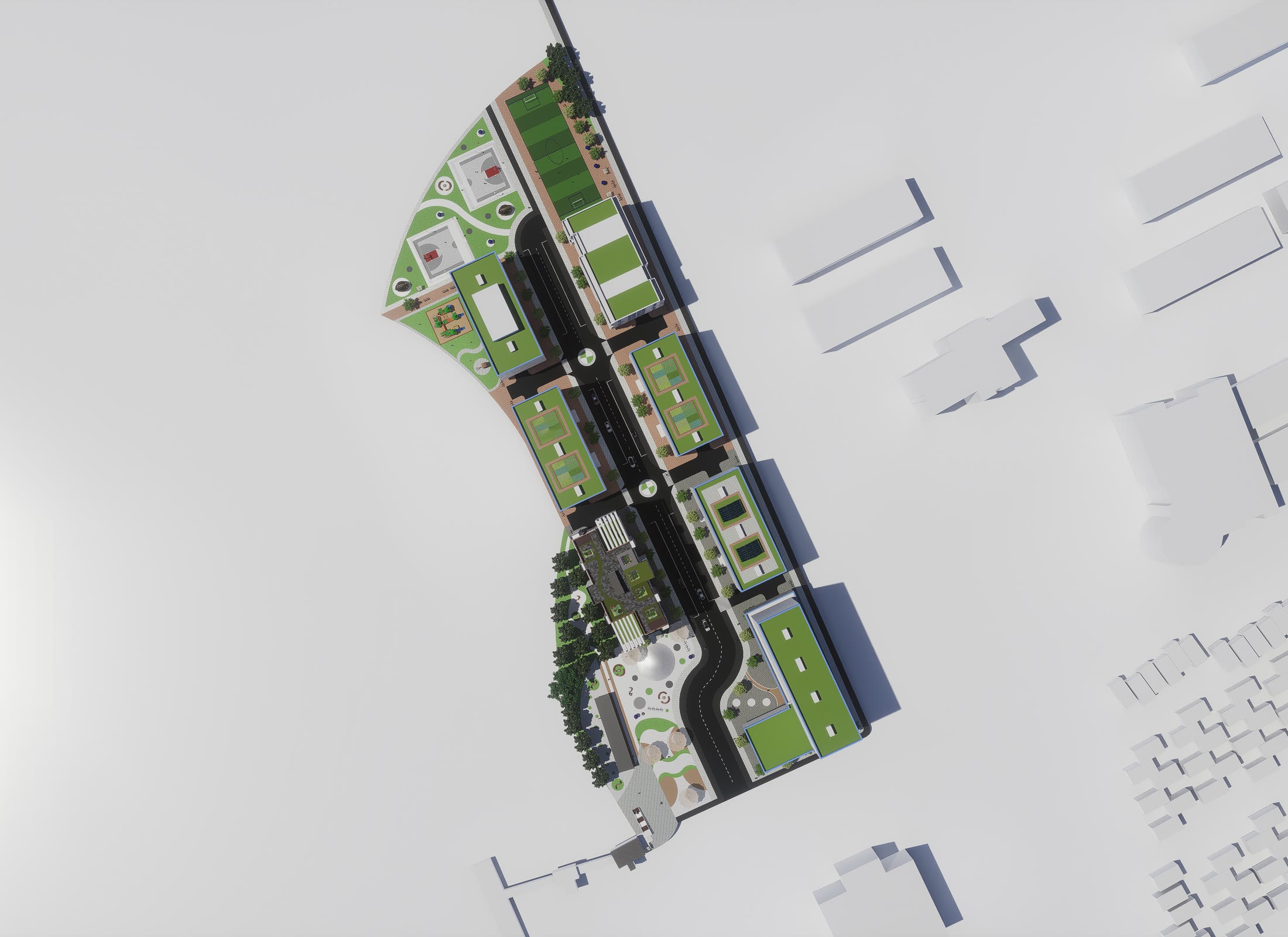 Rendered plan view of the whole site showing the block pattern, the internal street, the courtyards and the planted roofs