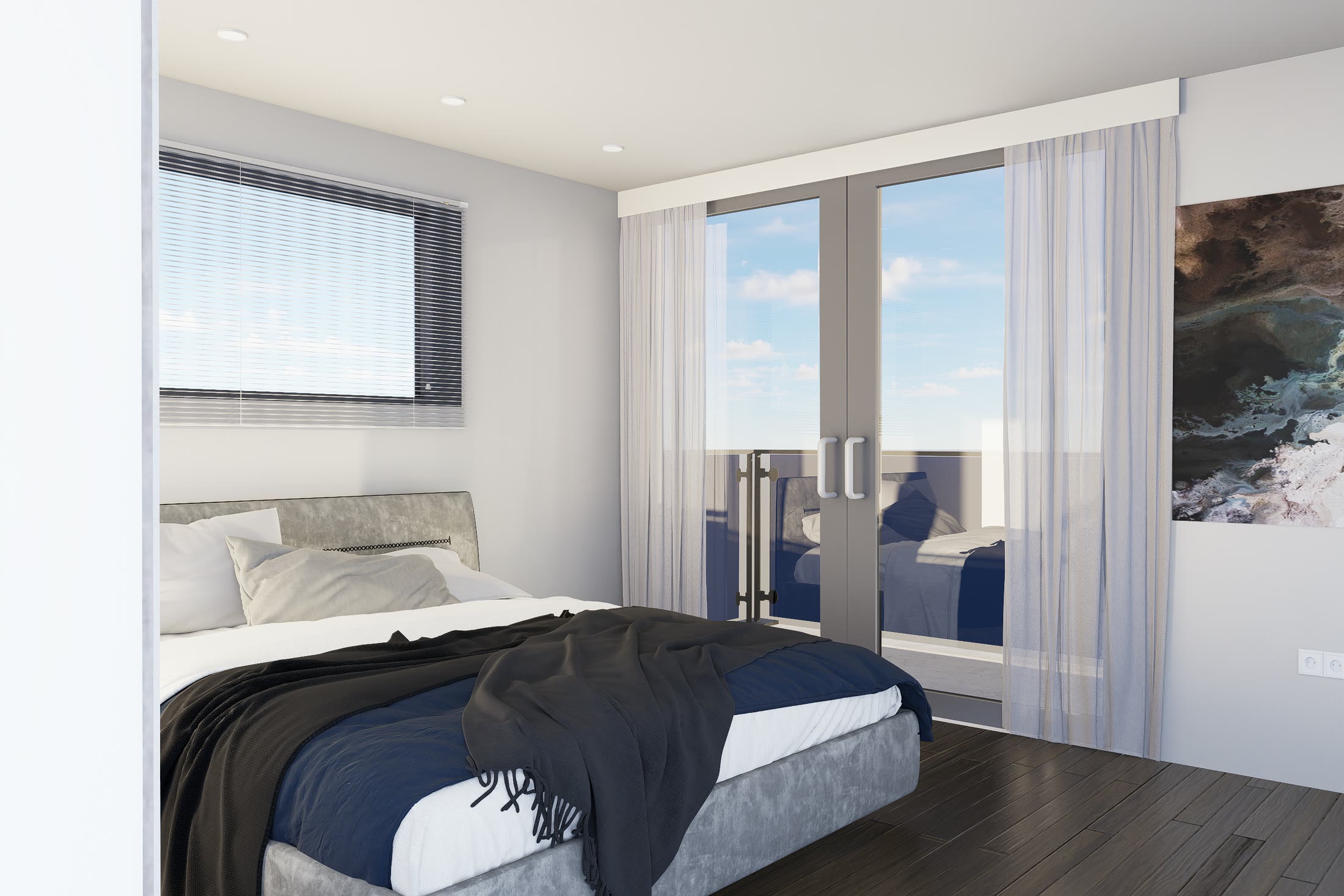 Master bedroom of a two-bedroom unit with glazed doors opening onto the balcony