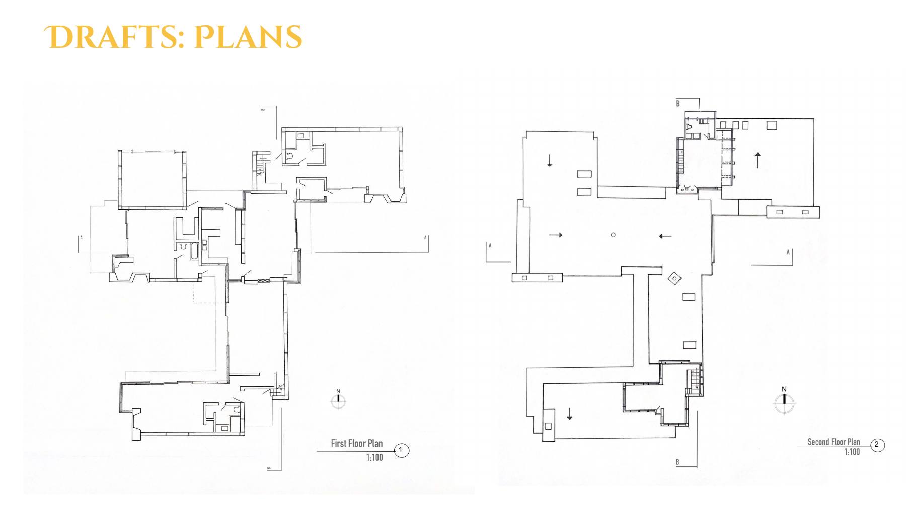 Redrawn plans of the Schindler Chace House, the four studios and their paired terraces set around the shared cores