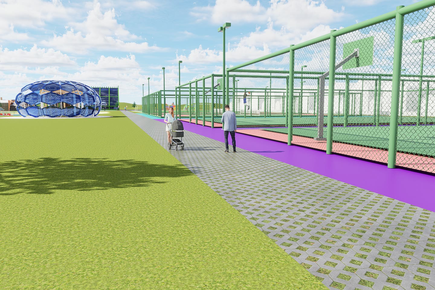 The fenced courts at The Apex along a purple paved route, with the pavilion visible in the distance