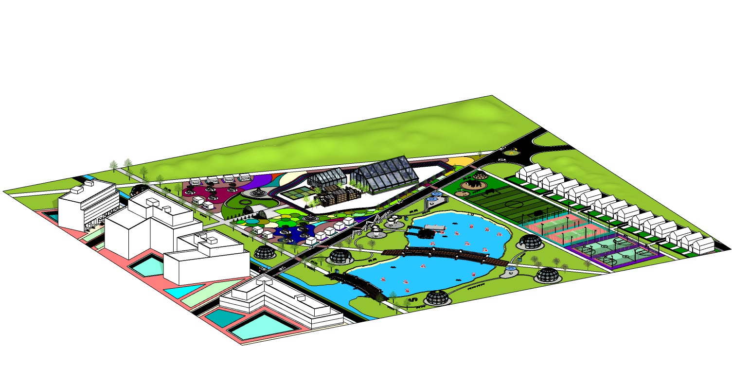 Site axonometric in flat colour with the buildings left white, so the planted grounds, courts and water read as distinct areas