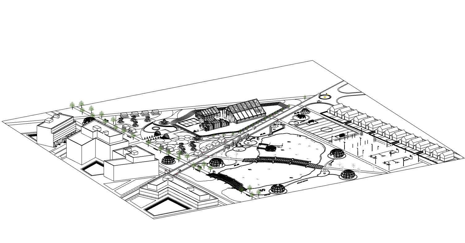 Line only site axonometric showing the paths, the lake edge, the pavilions and the surrounding buildings as pure outline