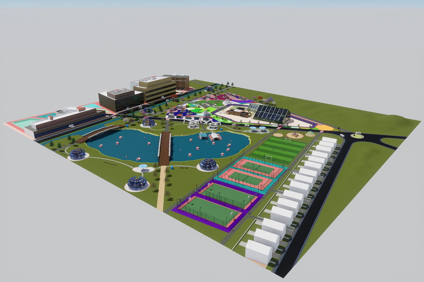 Rendered site axonometric of Serenade Park with Hydro-Stream Lake at the centre, the courts to one side, the greenhouse along the north edge and the surrounding blocks