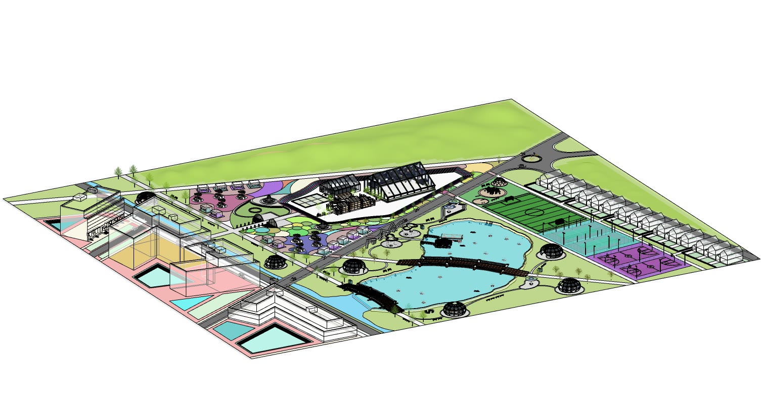 X-ray site axonometric with the ground zones washed in colour beneath the structures above them