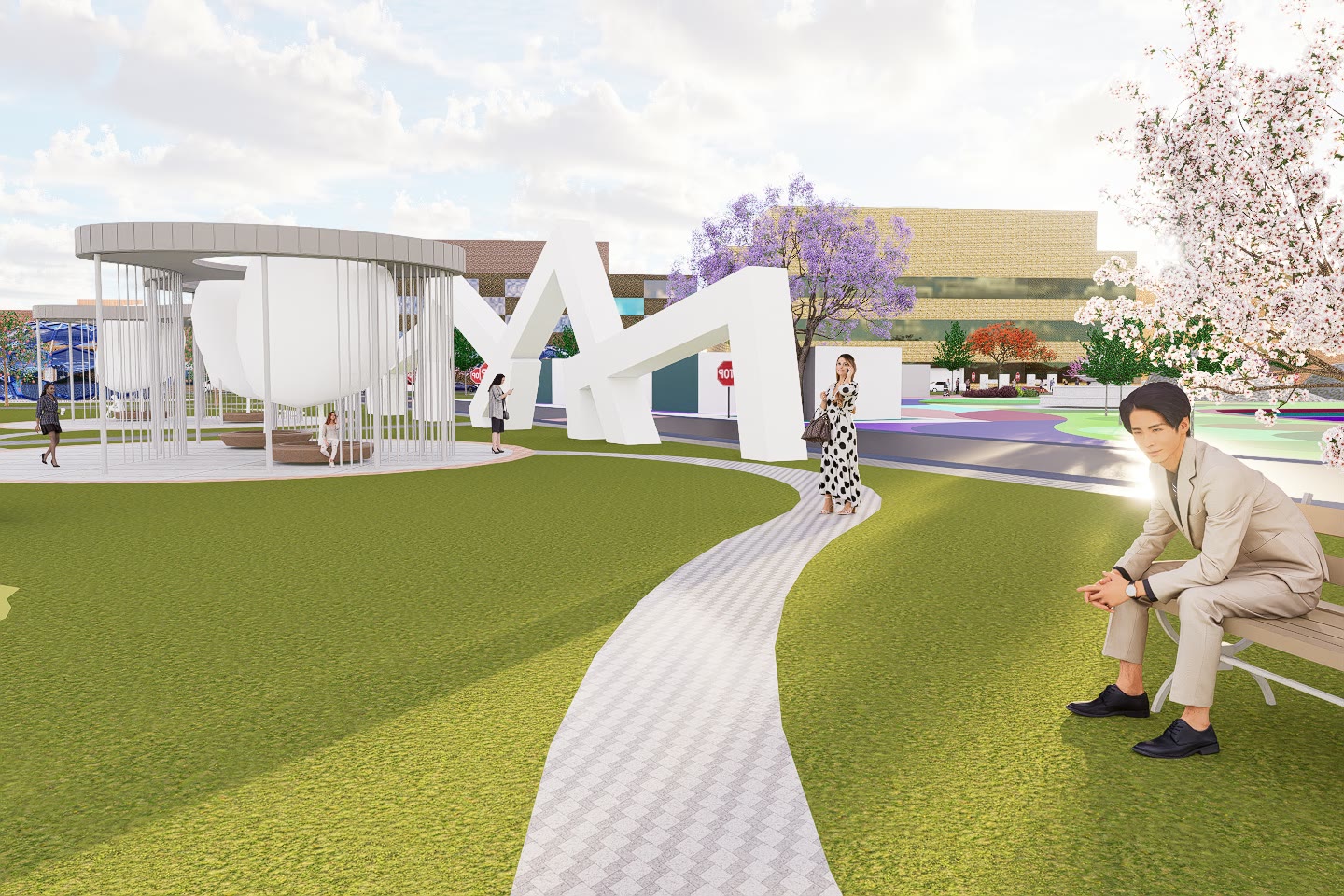 A path curving between the white arched structures with someone sitting on a bench beside it