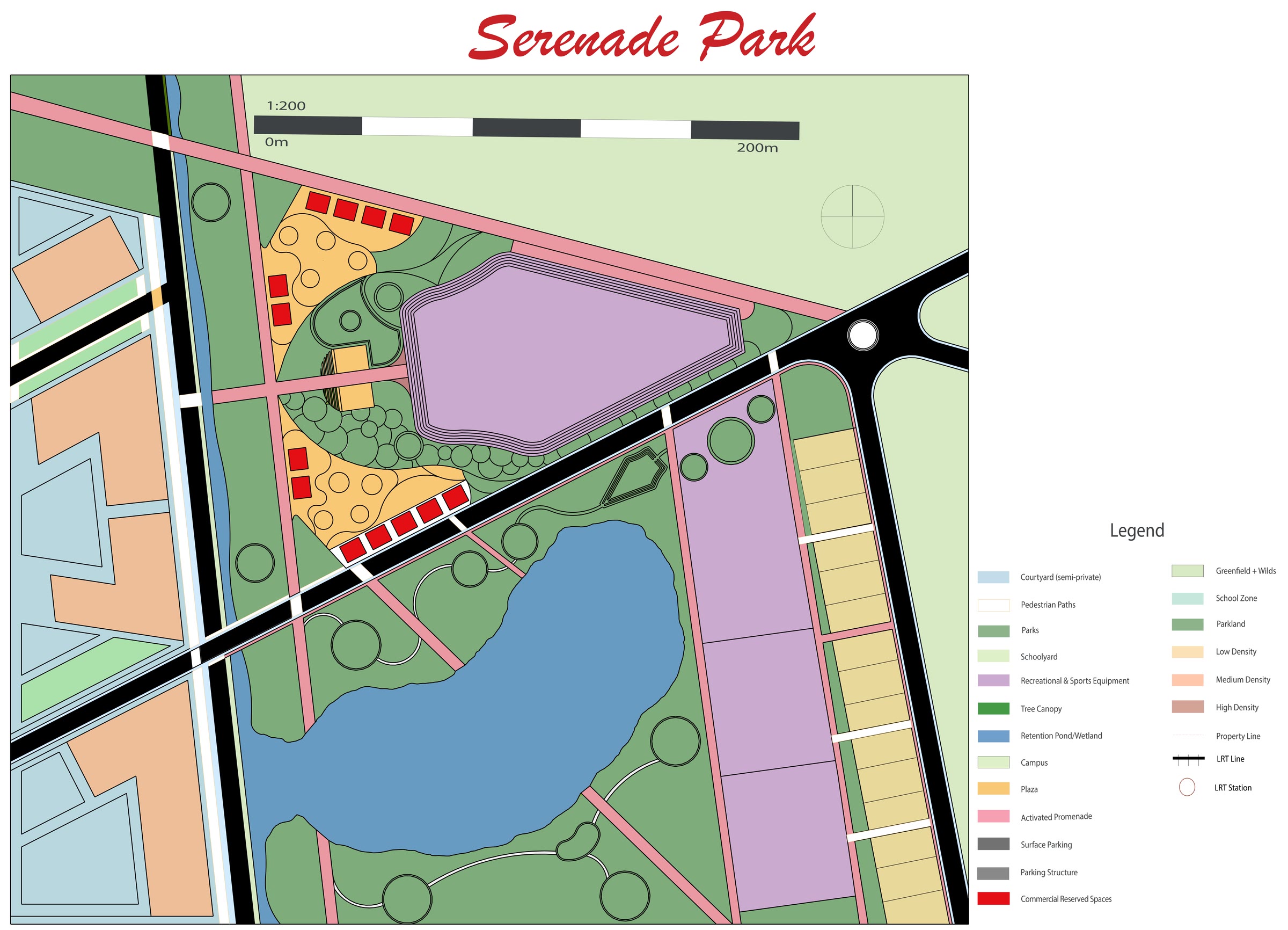Site plan of Serenade Park at 1 to 200 coloured by land use, with a full legend and the lake and blocks around it