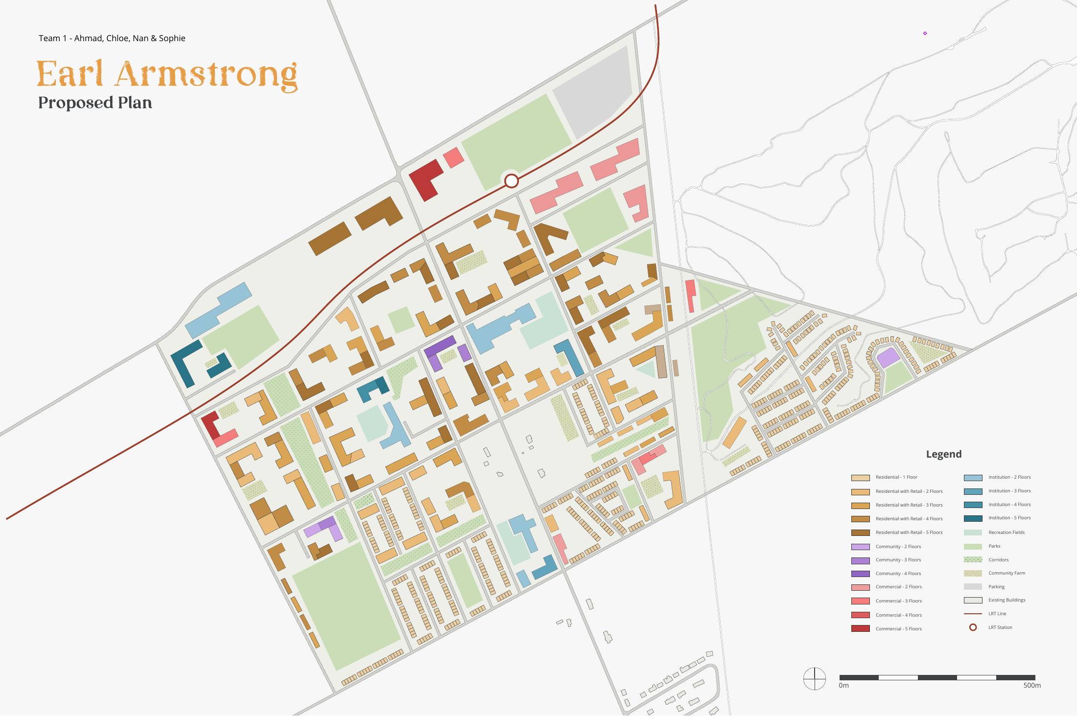 Earl Armstrong proposed plan, colour coded by use and storey height, with the light rail line and station marked, and a legend covering residential, commercial, institutional, parks, corridors and community farm