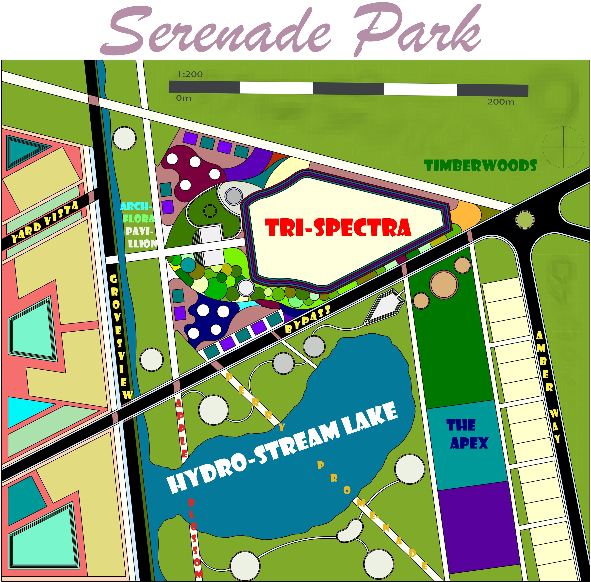 Programme plan naming every part of the park, with Tri-Spectra at the north, Timberwoods along the treed edge, The Apex to the south and Hydro-Stream Lake at the centre