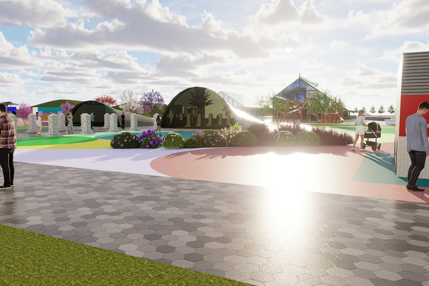 The entrance to Tri-Spectra with hexagonal paving, the dome pavilions and planting either side, people crossing in low sun