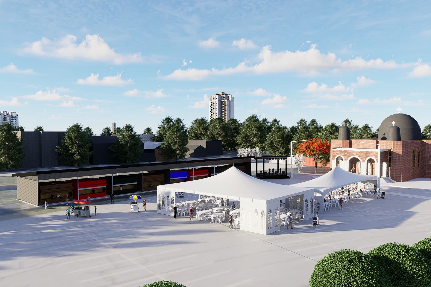 Aerial render of the church grounds showing the long open air structure, the event tents on the plaza and the domed church beyond