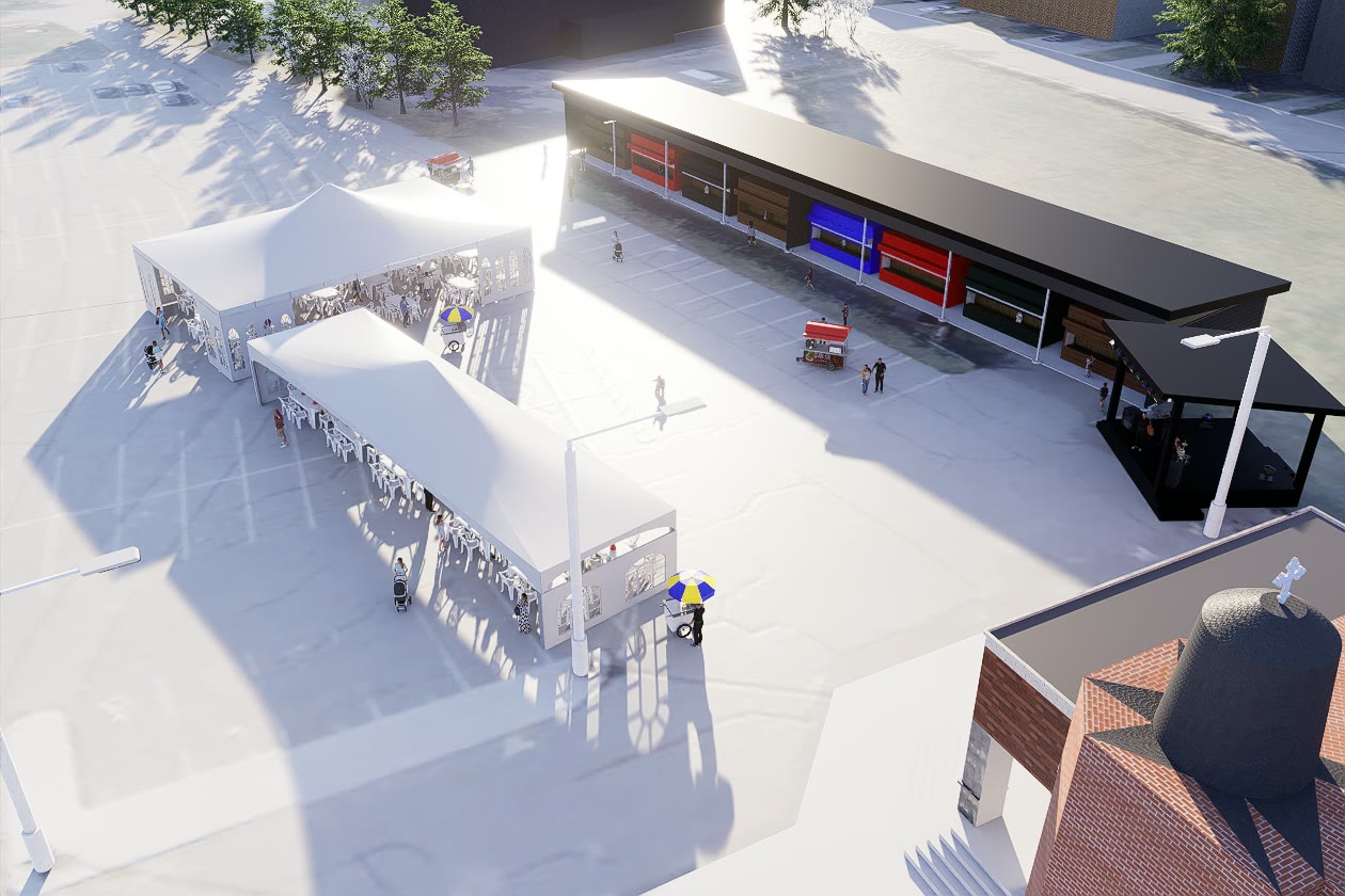 Second aerial render of the grounds from the opposite side, showing the plaza, the canopy and the surrounding trees