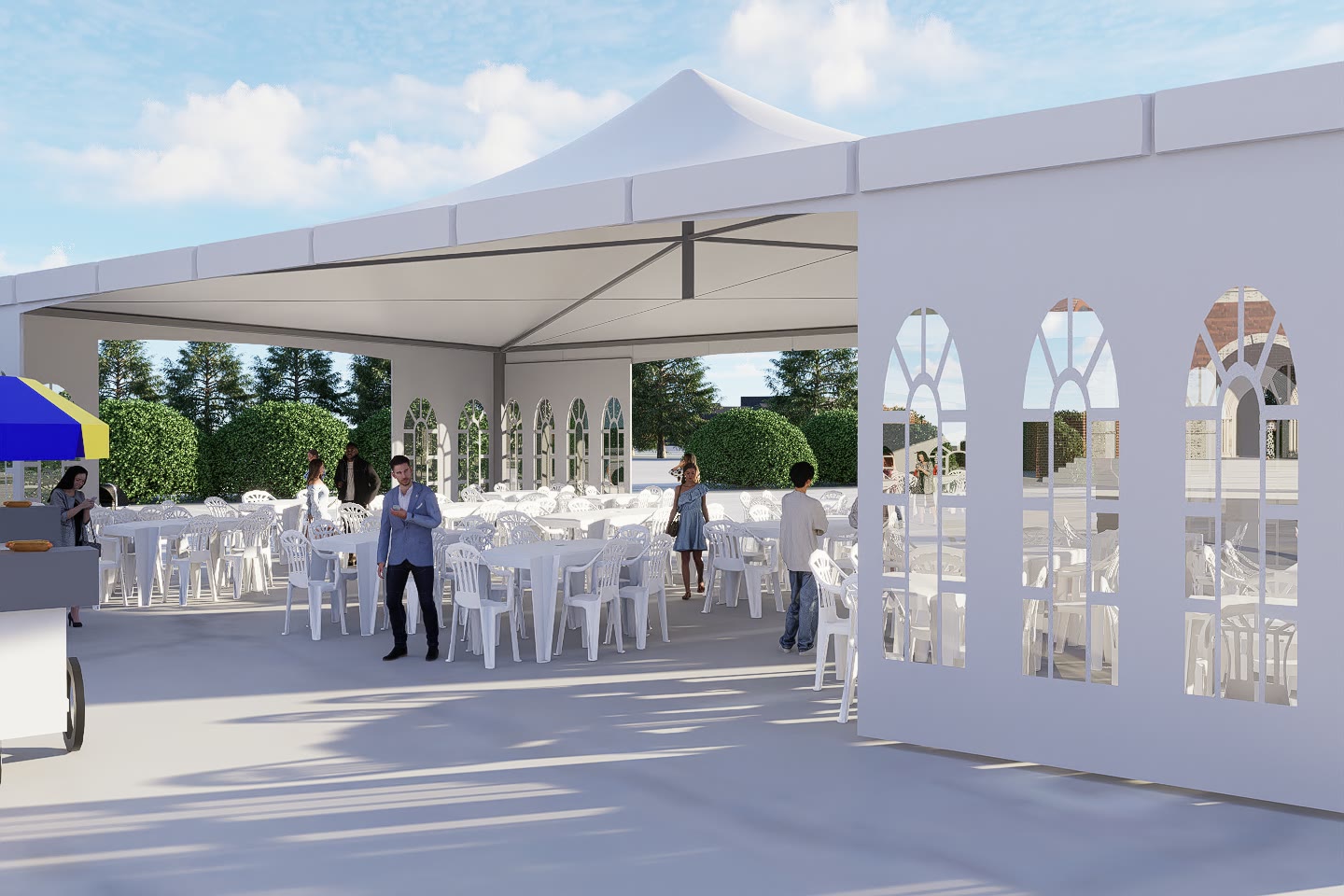 Render of the food tent with tables and servery on the plaza