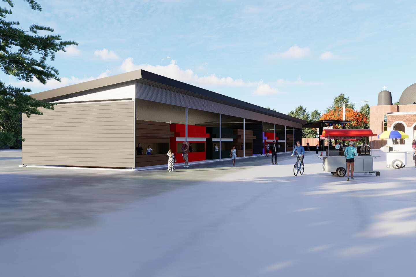 Render of the open air structure, a long steel framed canopy over a paved terrace with seating beneath it