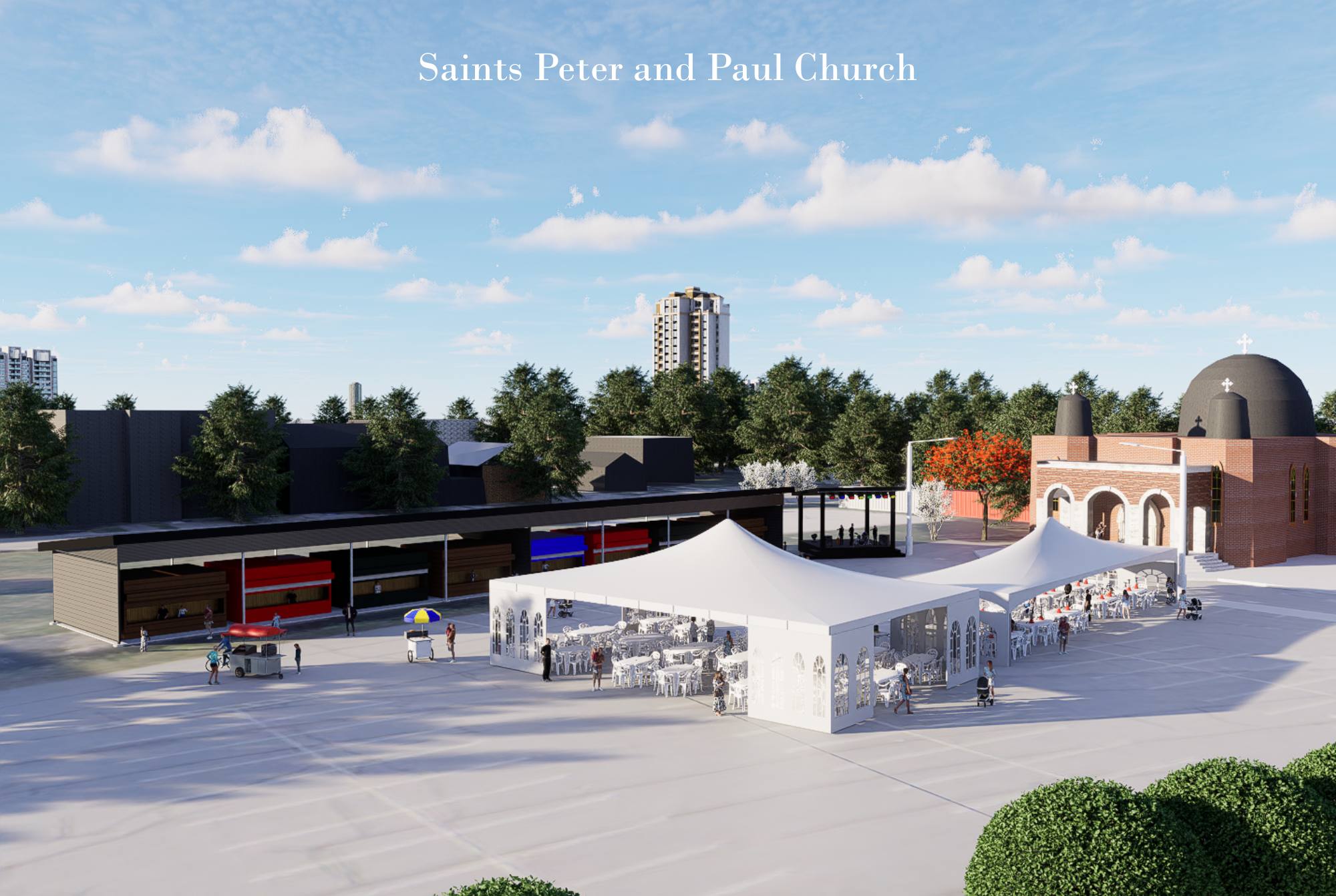 Title sheet of the rendered outdoor scenes presentation showing the grounds with the canopy, the event tents and the church