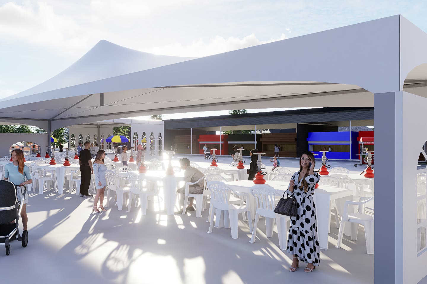 Render of the shisha tent with lounge seating under a marquee