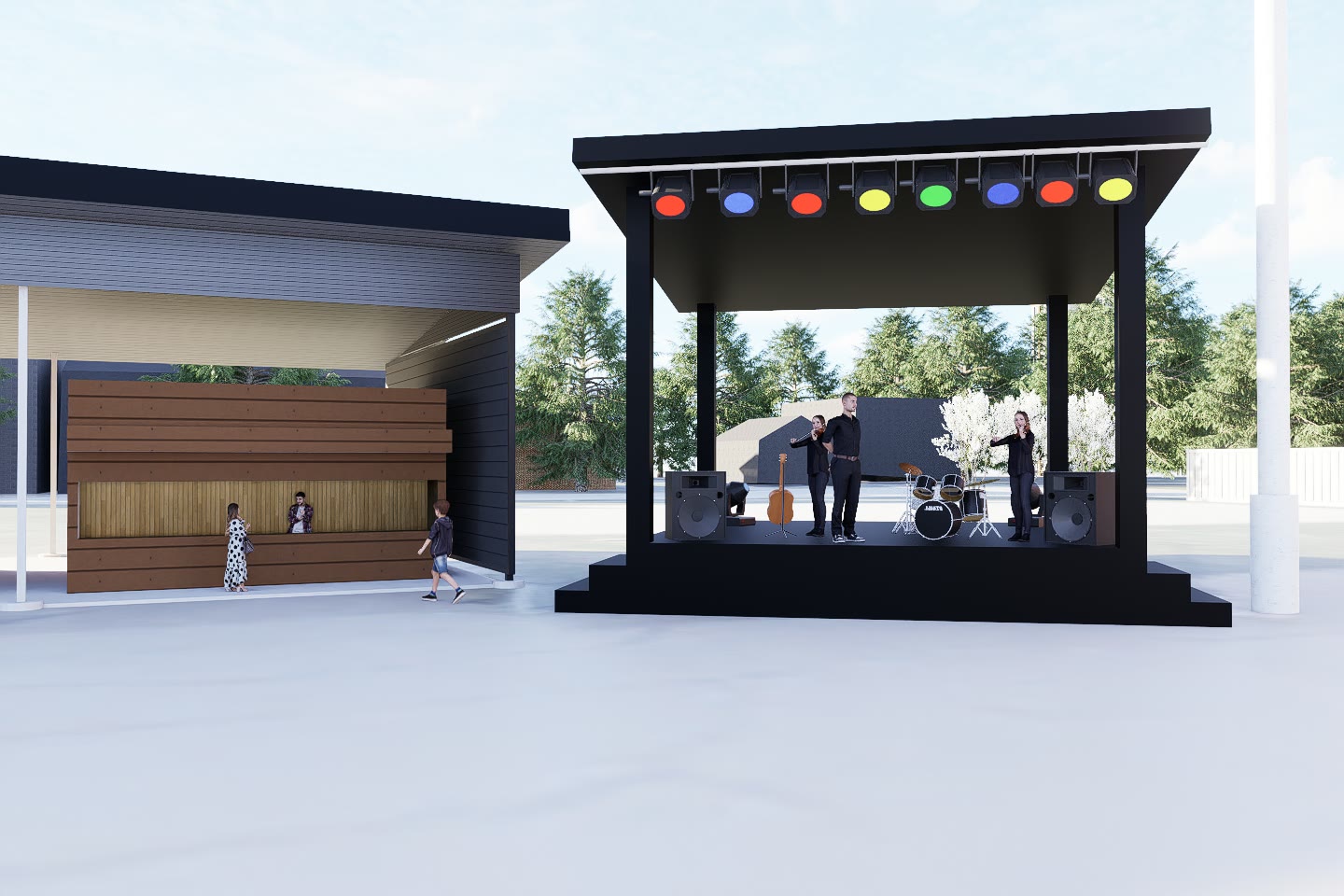 Render of the outdoor stage set up on the plaza with seating in front of it