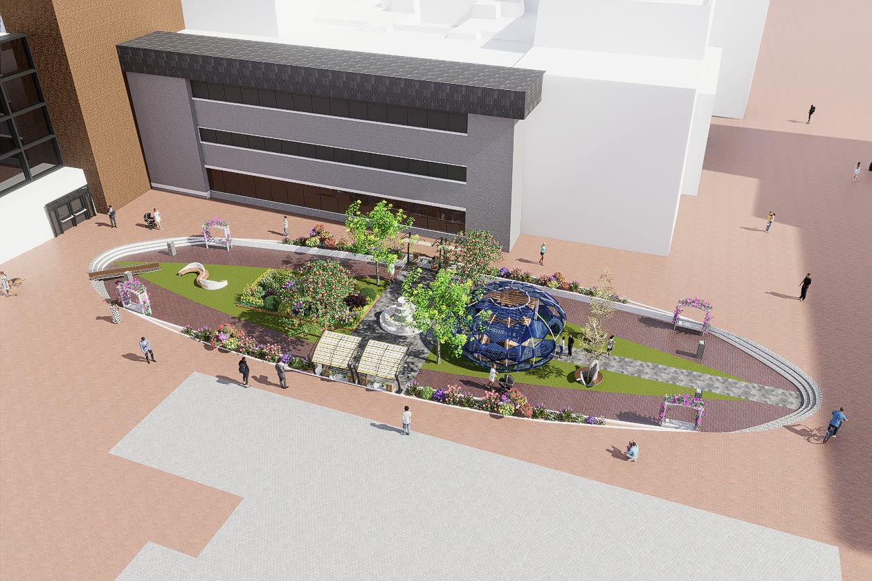 Axonometric render of the courtyard between the existing buildings showing the lens geometry and the canopy structure