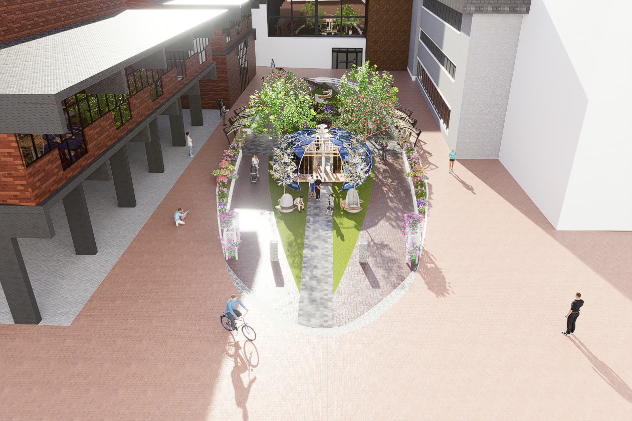 Second axonometric render from the opposite corner showing the seating, the planting beds and the circulation around the lawn