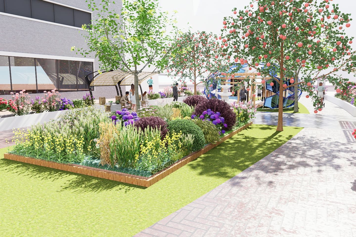 Render of the raised community garden beds with planting in flower