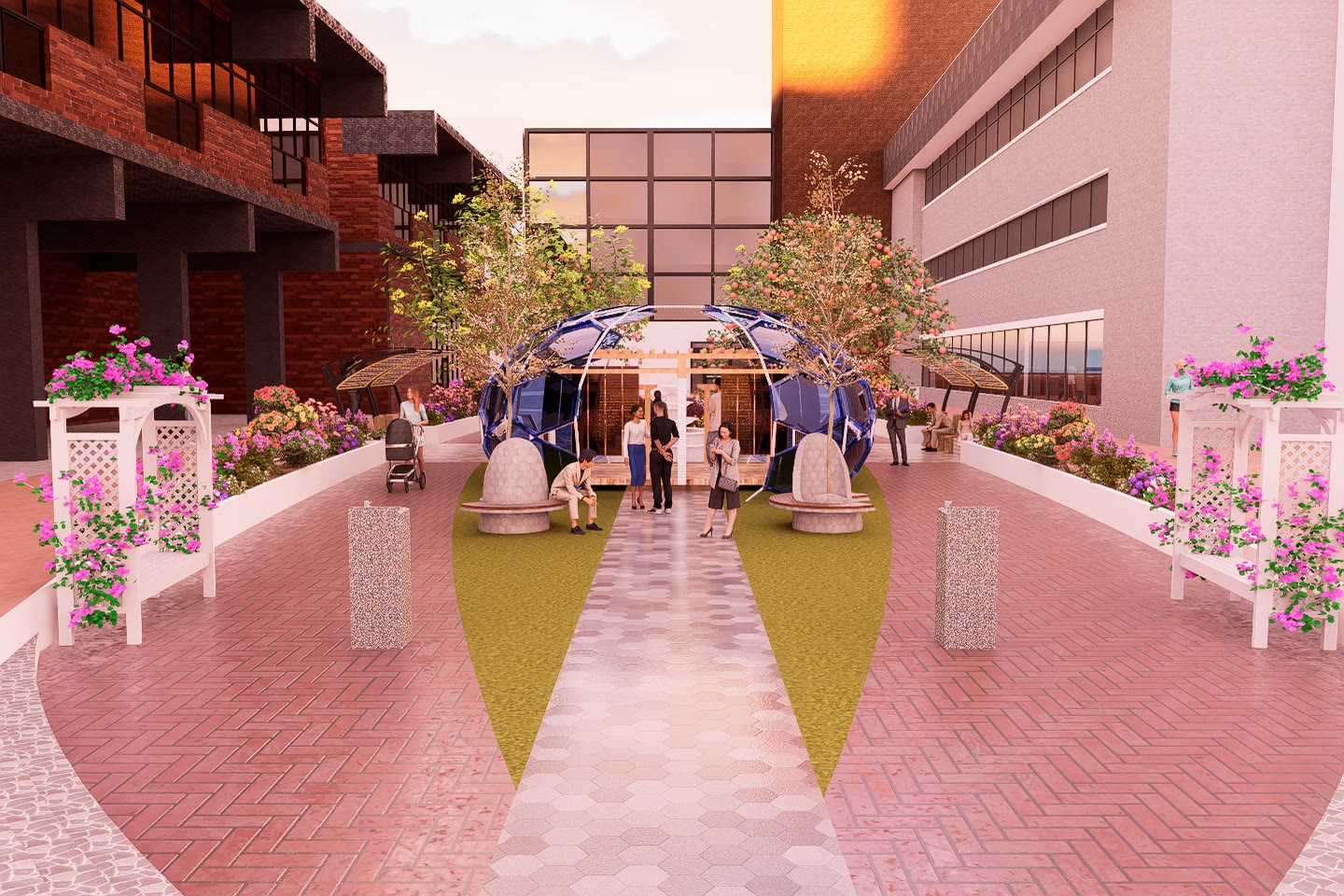 The same entrance in the evening with the path and canopy lighting on