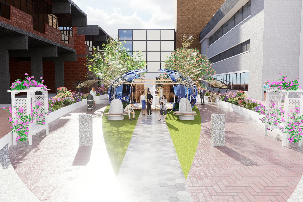 Render of the courtyard entrance in morning light with people crossing the paved approach